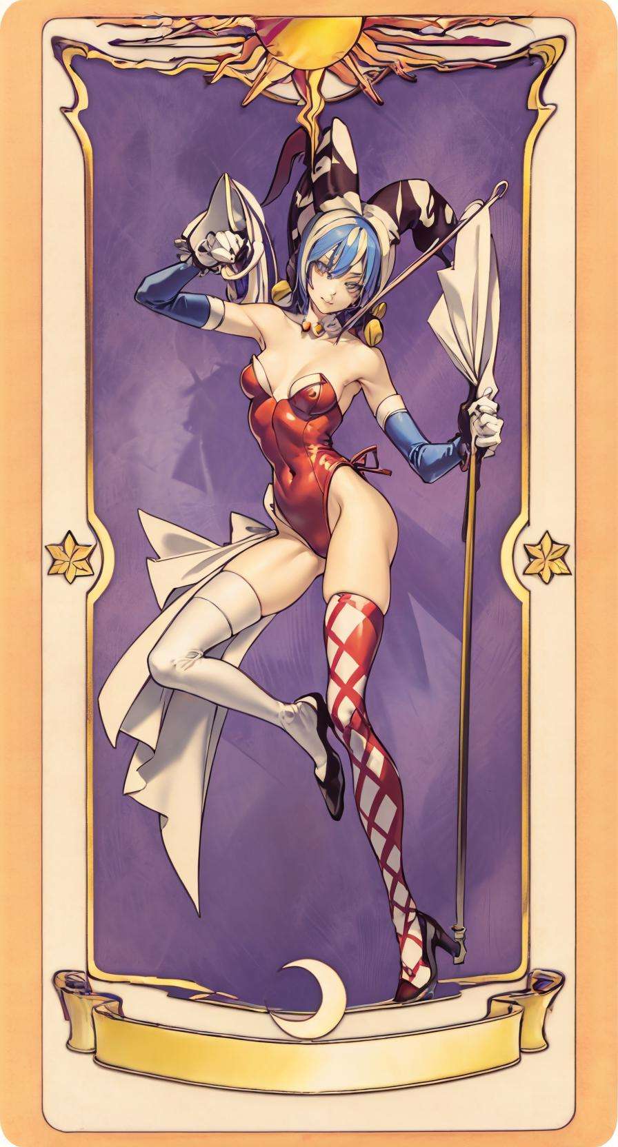 masterpiece, best quality,  1girl, jester, leotard, thigh highs, card, solo, tarot  <lora:ClowCard_NoText:0.8>  