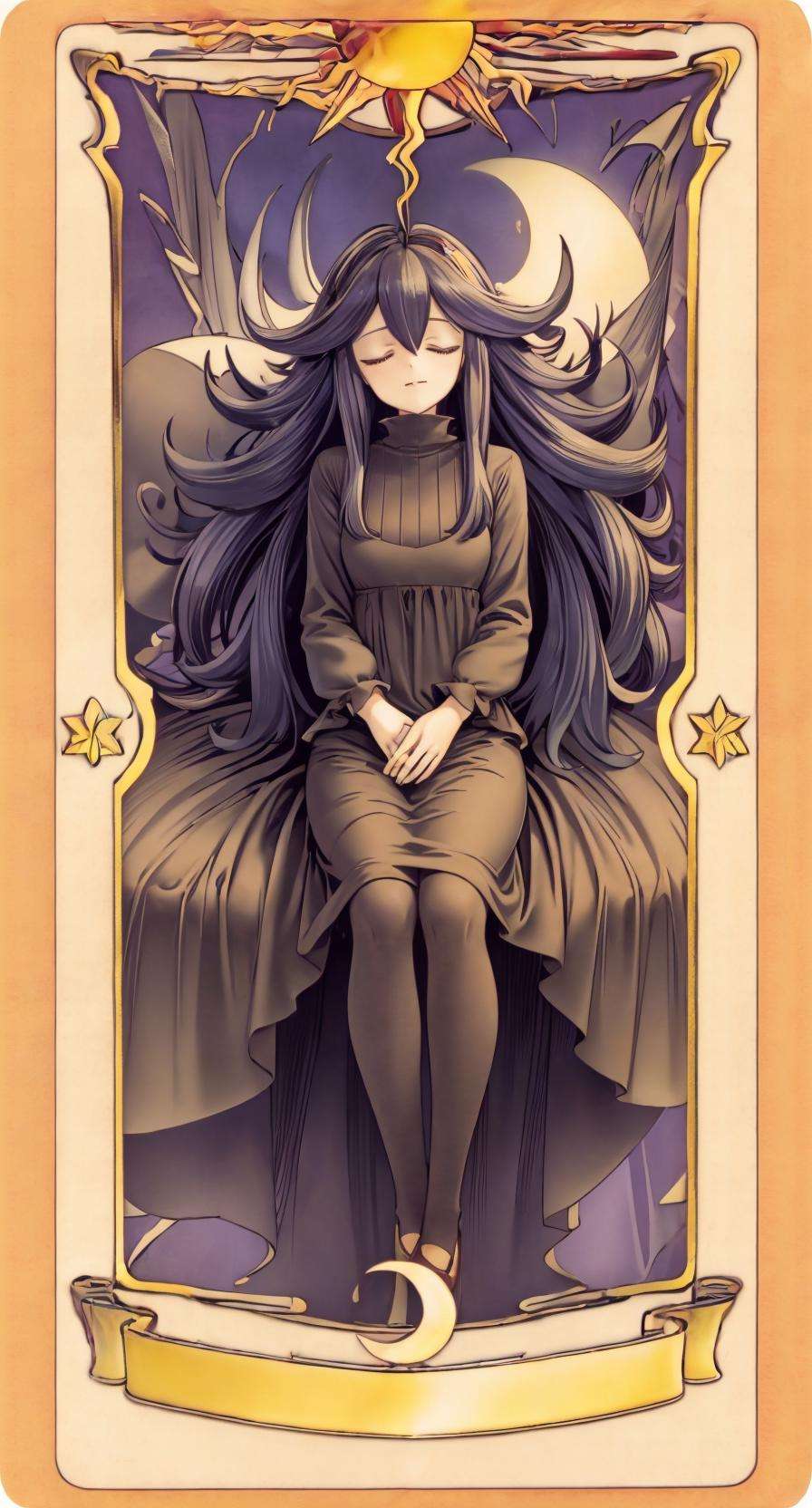 masterpiece, best quality, 1girl,  hexmaniacms, closed eyes, sleeping, card, solo, tarot  <lora:ClowCard_NoText:0.8>   <lora:hexManiacPokemonLora_1:1>