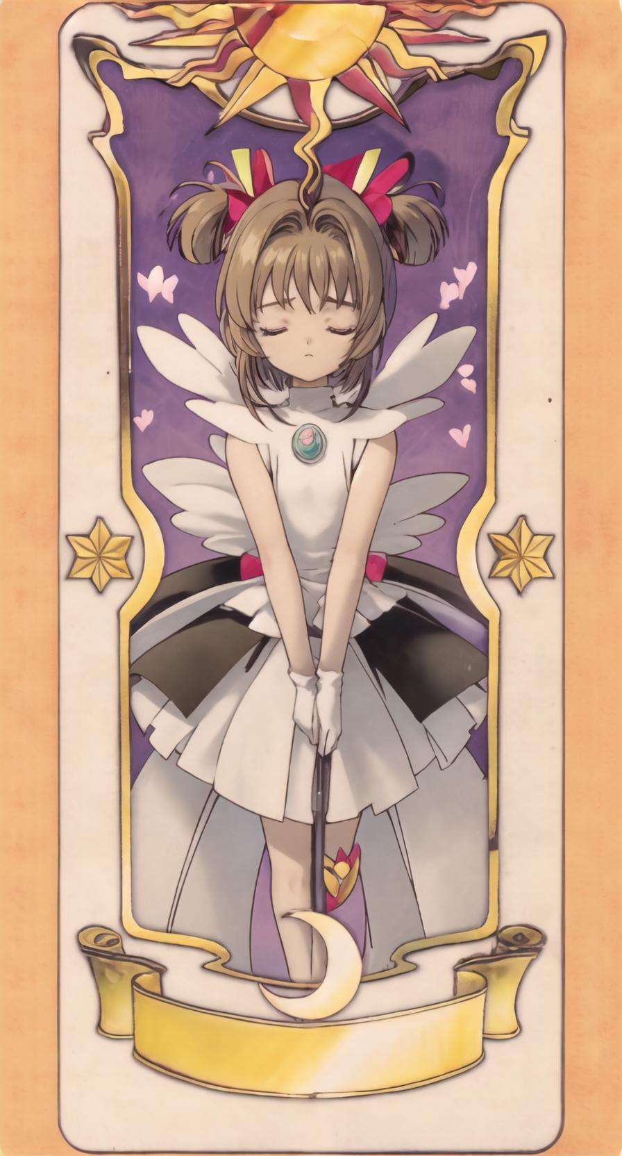 masterpiece, best quality, 1girl, kinomoto_sakura, magical girl, v arms, closed eyes, card, solo, tarot  <lora:sakuraKinomoto_sakuraV2Epoch6:0.8>