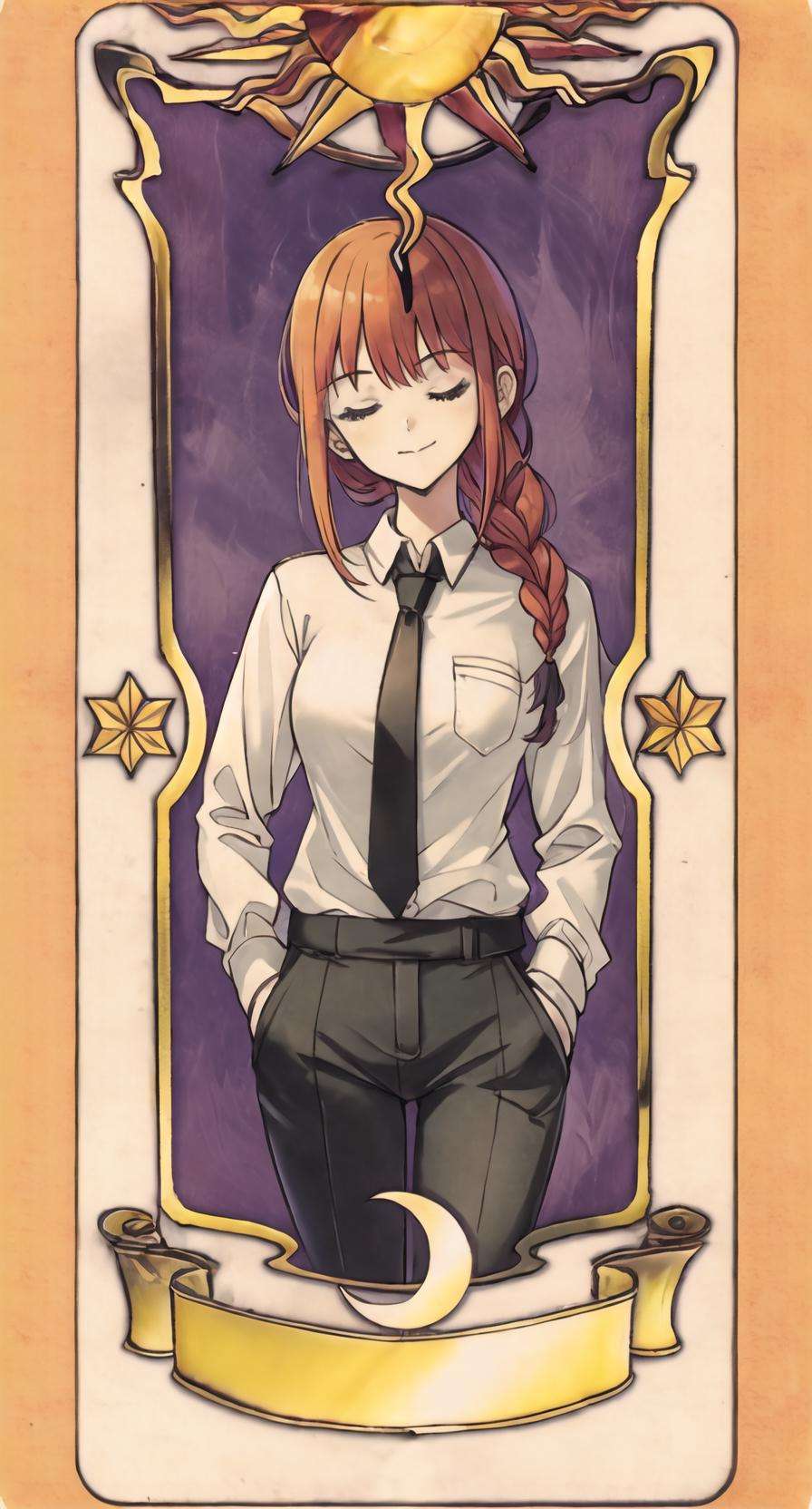 masterpiece, best quality, 1girl, makima \(chainsaw man\), red hair, long braided hair, bangs, hand in pocket, white shirt, black pants, closed eyes, card, solo, tarot, necktie, smile <lora:makimaChainsawMan_offset:1>