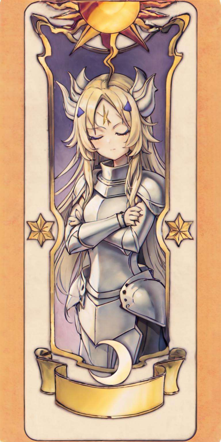 masterpiece, best quality, 1girl, ecclesia, long hair, eyes closed, crossed arms, knight armor, dragon horns, card, solo, tarot   <lora:Ecclesia e6:1> 
