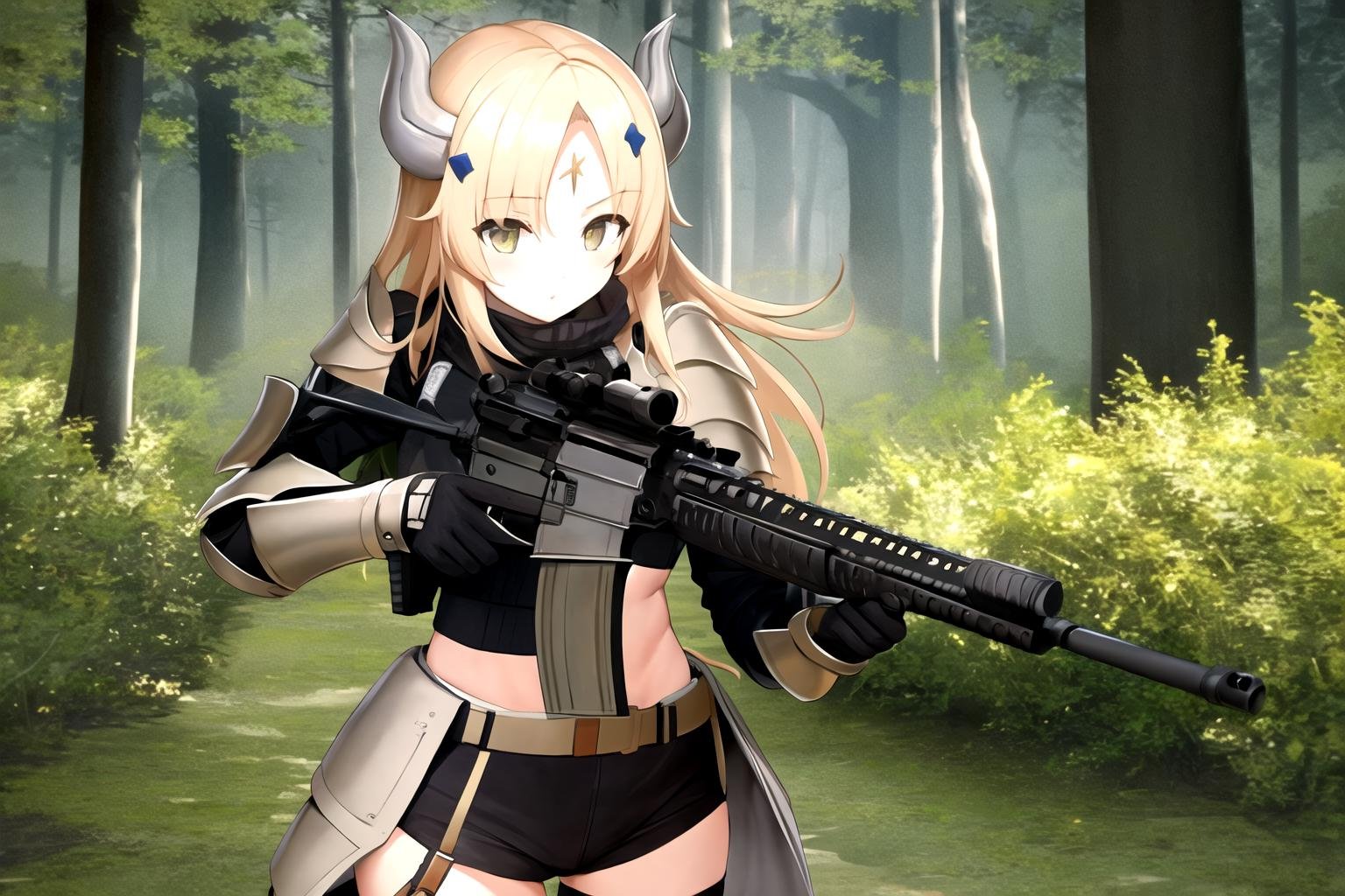 masterpiece, best quality, 1girl, m4a1, ecclesia, armor, horns, rifle, trigger discipline, forest background  <lora:Ecclesia e6:0.8>  <lora:m4a1:0.8>