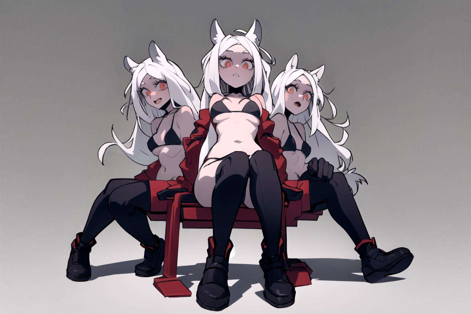 masterpiece, best quality, 3girls, cerberus \(helltaker\), black bikini, full body shot, white hair, red background <lora:VanripArt_05:0.8> <lora:CerberusV1:1>