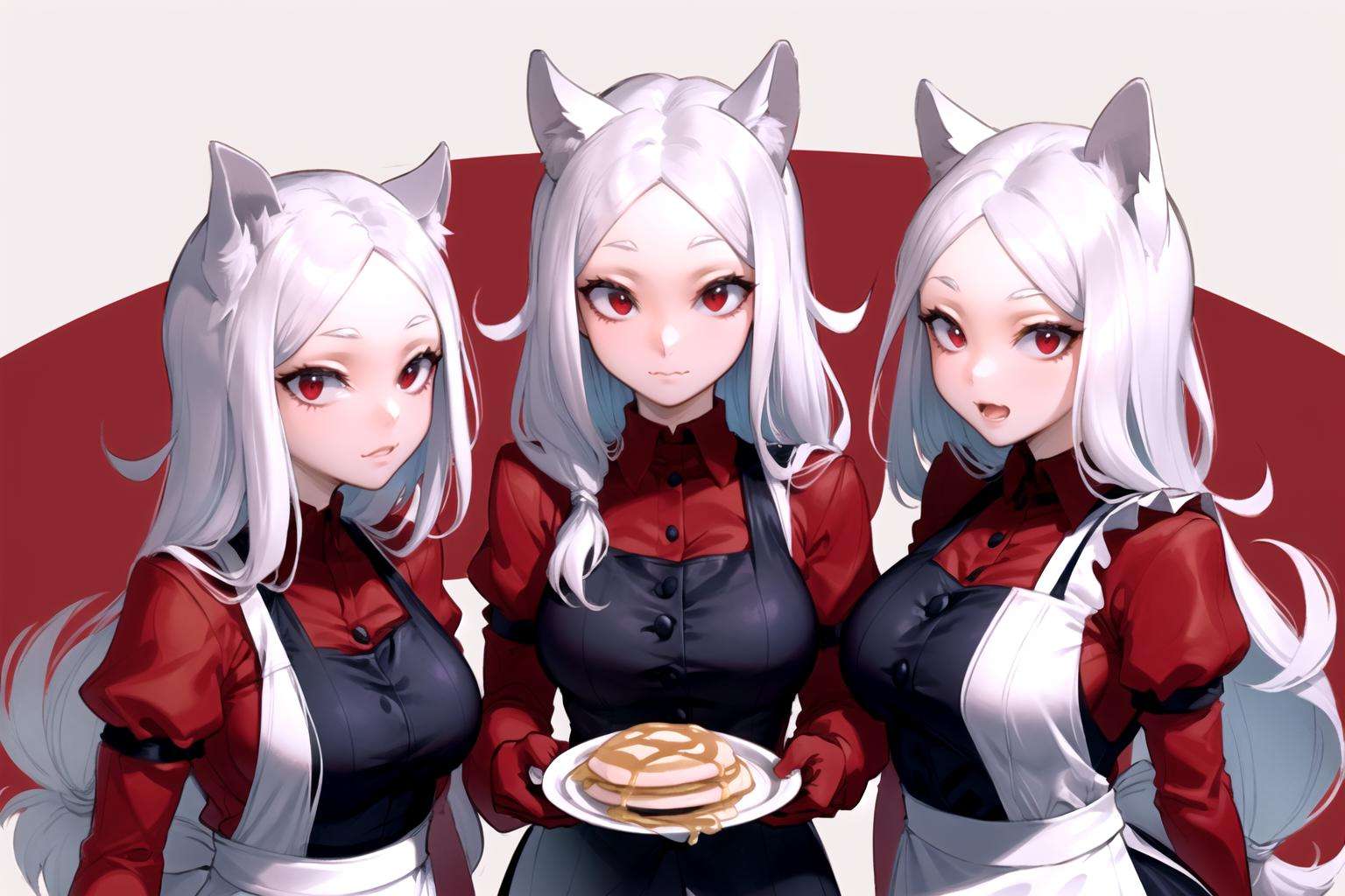 masterpiece, best quality, 3girls, cerberus \(helltaker\), pancakes, maid outfit, animal ears, demon girl, red background, simple background  <lora:CerberusV1:1>  <lora:nat-the-lich-1210it-novae:0.7> <lora:krekkov_e8:0.3>