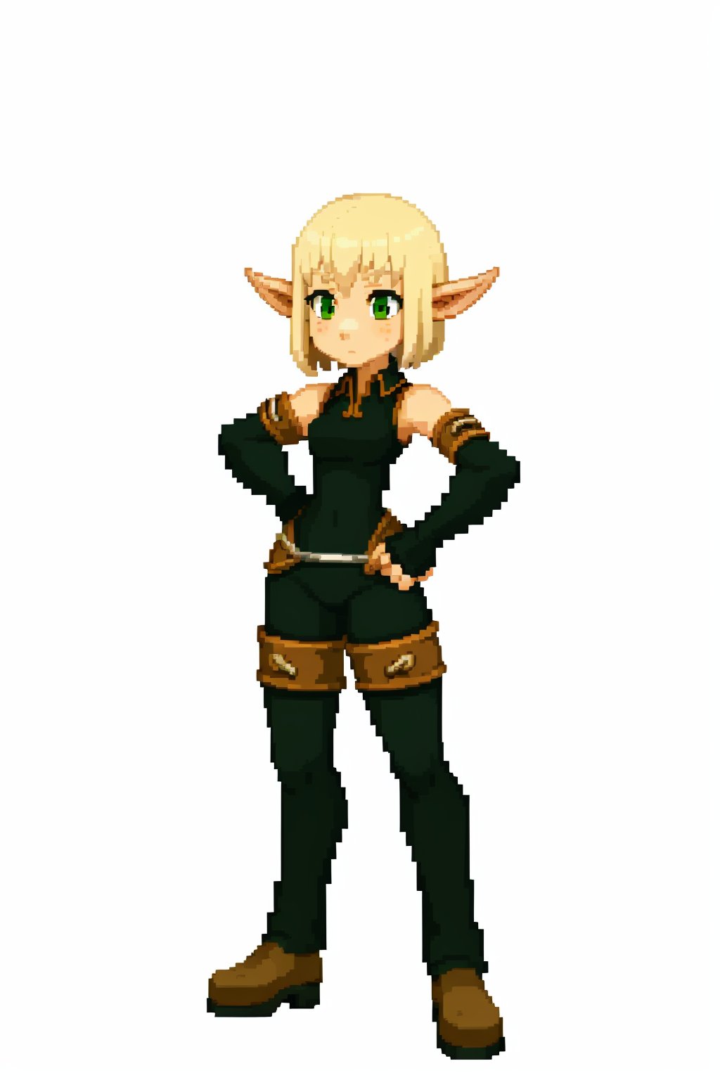 (white background:1.4),simple background,<lora:pixel_f2:0.5>,pixel,pixel art,1girl, evangelyneold, black fingerless  gloves, blonde hair, elf, green eyes, pointy ears, short hair, standing  <lora:Evangelynev1:1>