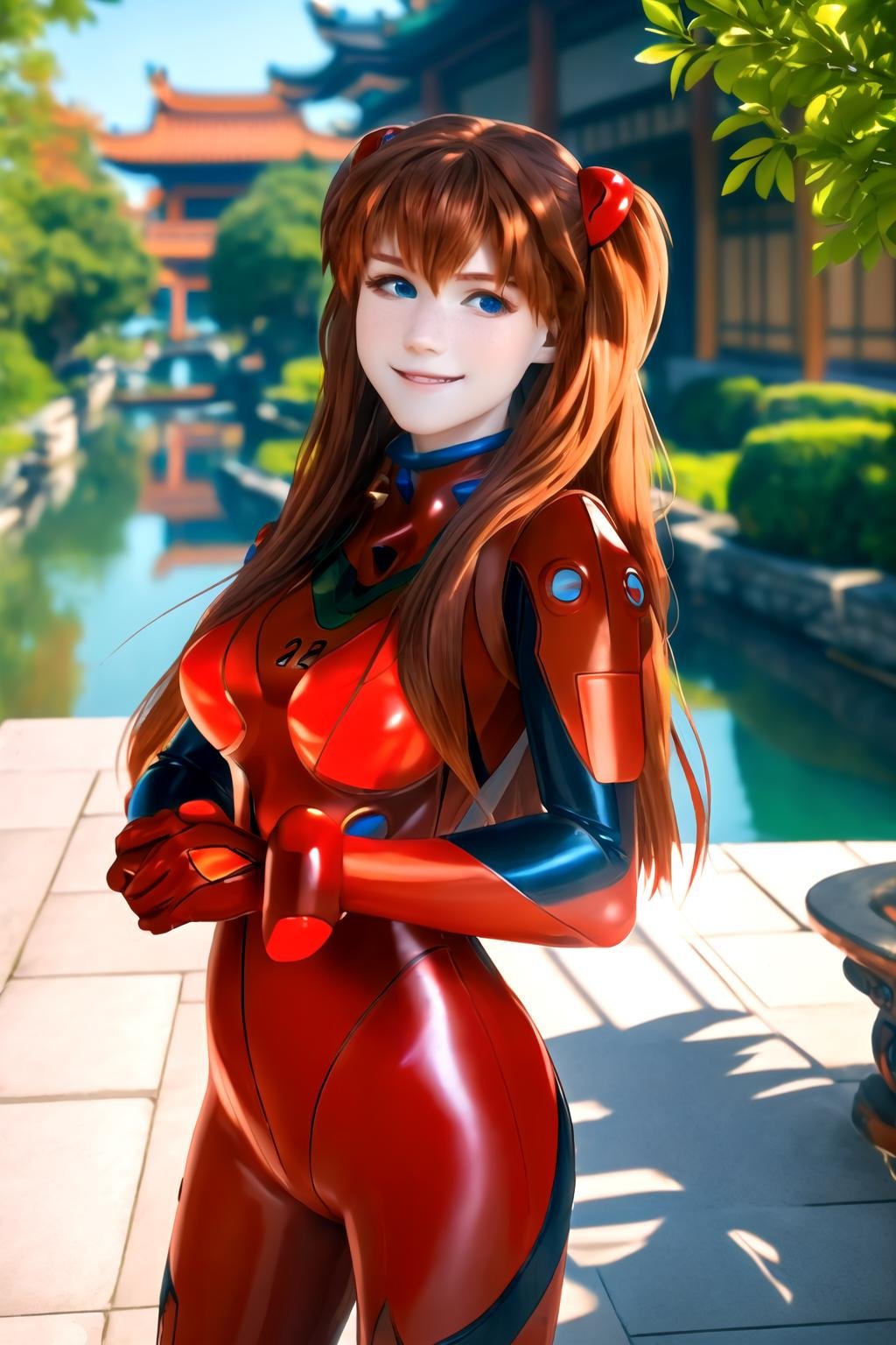 (8k, RAW photo, best quality, masterpiece),(realistic, photo-realistic),, an extremely delicate and beautiful  souryuu asuka langley, standing in chinese garden, european girl, 1girl, (blue eyes), red plugsuit, upper body, porcelain skin, solo, brown hair, red hair, long hair,  ((smile))  <lora:ShiroganeAsuka :1>