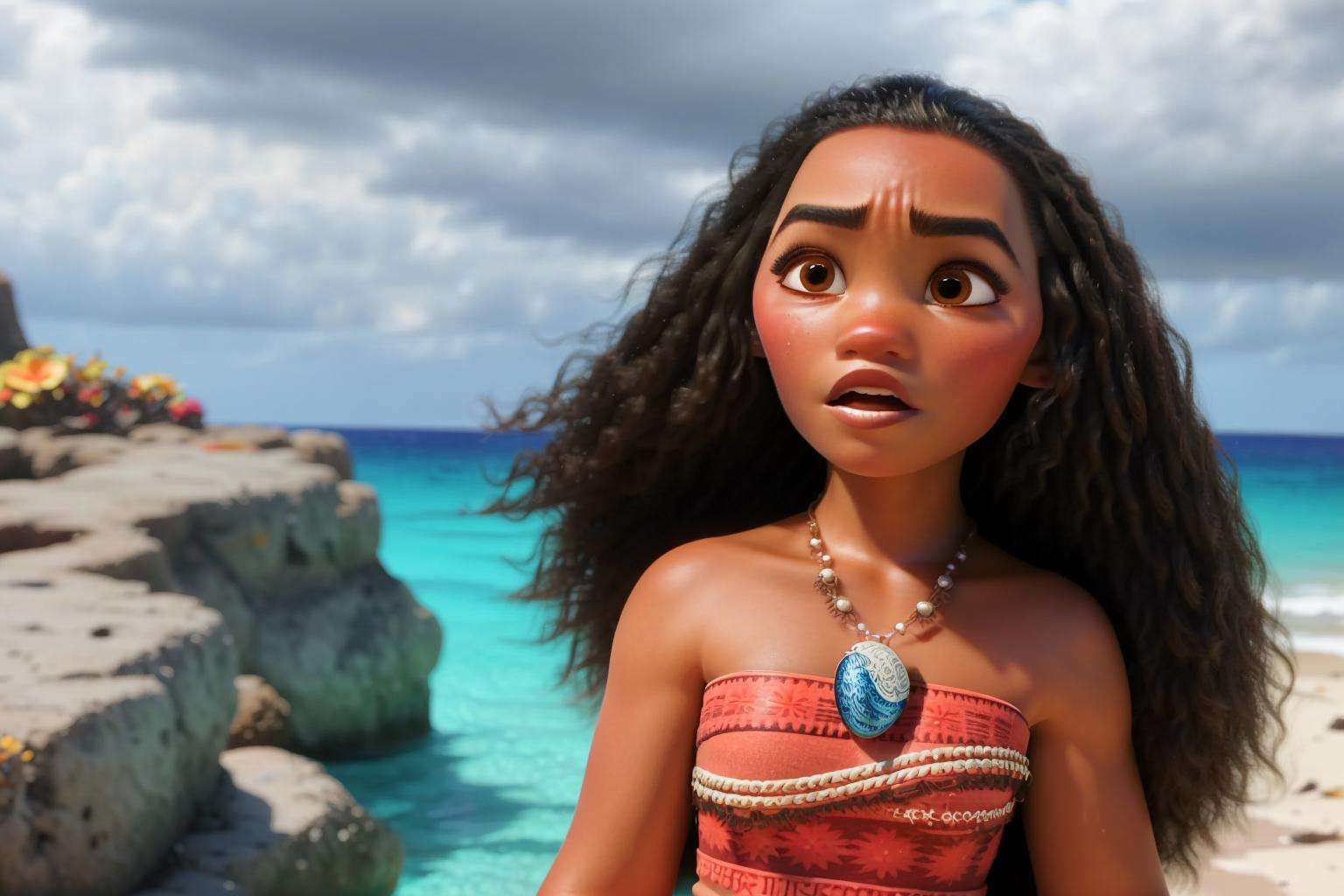 (extremely detailed CG unity 8k wallpaper:1.2), (best shadow), soft lighting, HDR, (illustration),BREAK1girl, moana, solo, tropical island, stormy skies, long black hair, brown eyes, curly hair, dark-skinned female, dark skin, jewelry, midriff, necklace, strapless, tube top   <lora:MoanaNAI:1>