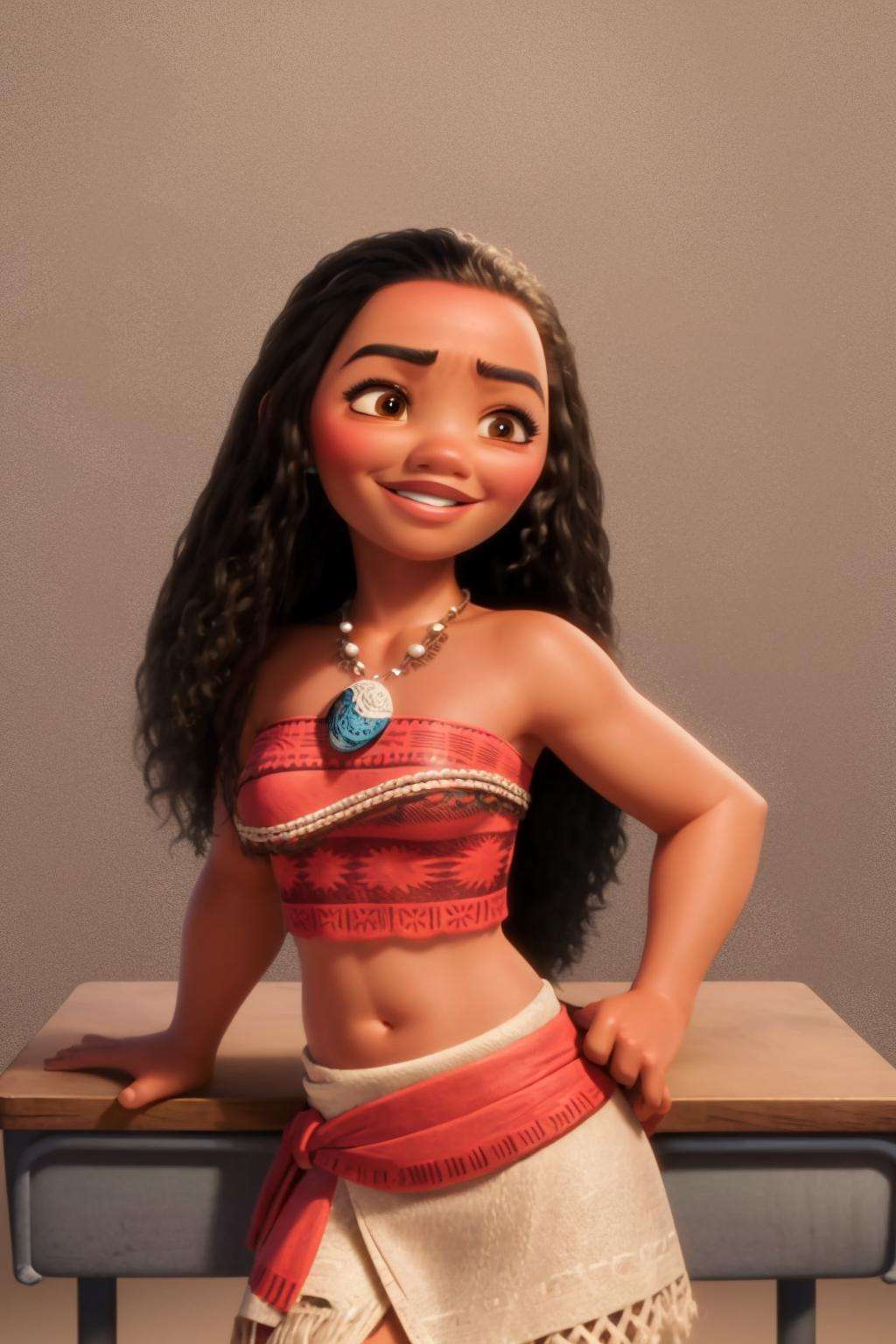 masterpiece, best quality, moana, 1girl, solo, smile, long black hair, brown eyes, curly hair, dark-skinned female, dark skin, navel, midriff, necklace, tribal, tube top, desk, classroom background  <lora:MoanaNAI:0.8>