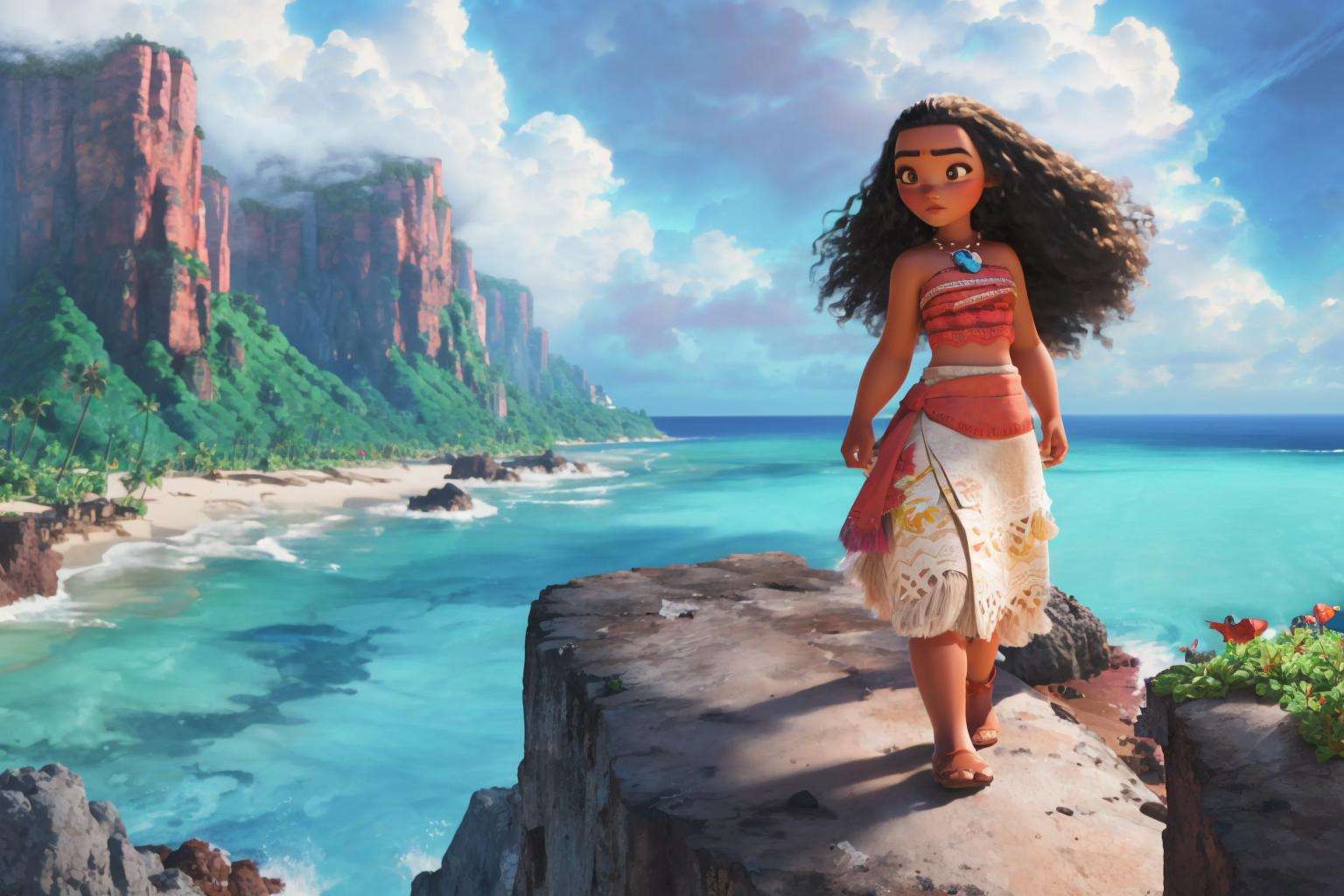 (extremely detailed CG unity 8k wallpaper:1.2), (best shadow), soft lighting, HDR, (illustration),BREAK1girl, moana, solo, tropical island, stormy skies, long black hair, brown eyes, curly hair, dark-skinned female, dark skin, jewelry, midriff, necklace, strapless, tube top  <lora:MoanaDeliberate:1>