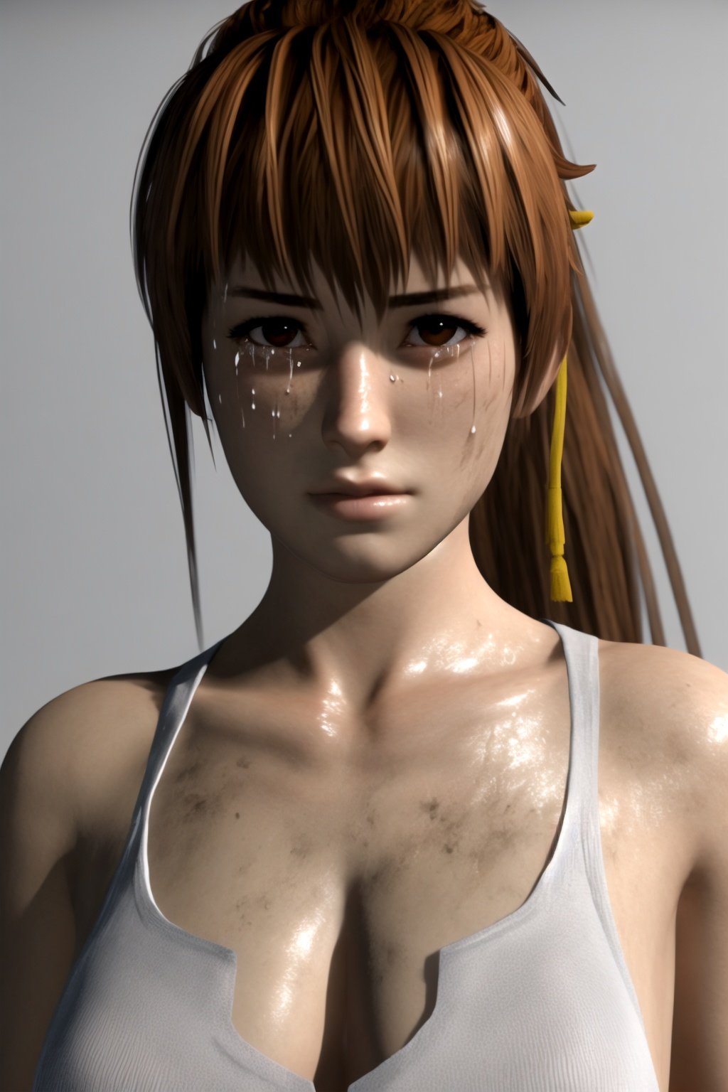 masterpiece, best quality, 1girl, kasumi \(doa\), close up, realistic, dirty, sad, tears, bare shoulders, breasts, brown eyes, brown hair, lips, long hair, ponytail, solo, dark <lora:Kasumi:1>