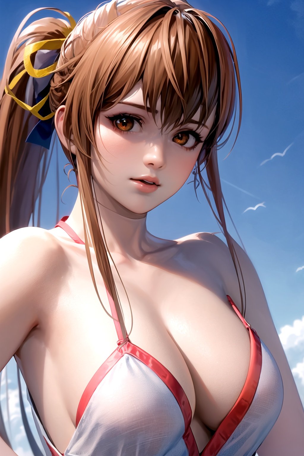 masterpiece, best quality, 1girl, kasumi \(doa\), close up, realistic, bare shoulders, breasts, brown eyes, brown hair, lips, long hair, ponytail, solo, sun, blue sky <lora:Kasumi:1>