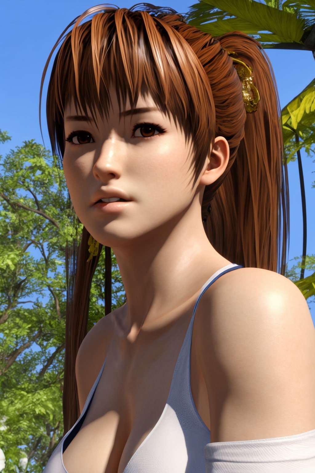 masterpiece, best quality, 1girl, kasumi \(doa\), close up, realistic, bare shoulders, breasts, brown eyes, brown hair, lips, long hair, ponytail, solo, sun, blue sky <lora:Kasumi:1>