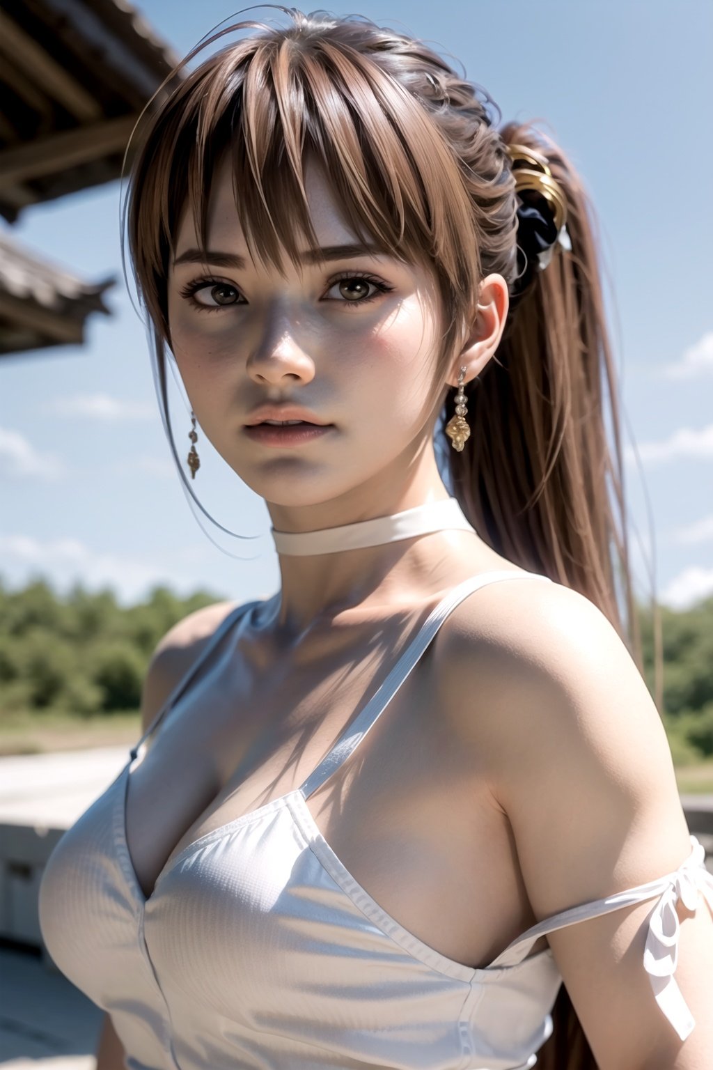 8k, best quality, real picture, intricate details, ultra-detailed, ultra highres, depth field,(photorealistic,realistic:1.2),masterpiece,photo of  kasumi \(doa\), wearing white japanese clothes, bare shoulders, breasts, brown eyes, brown hair, lips, long hair, ponytail, solo, sun, blue sky,best quality, realistic, photorealistic, (intricate details:1.2), (delicate detailed), (cinematic light), clear line, sharp focus, realistic face, detailed faceunity 8k wallpaper, ultra high res, (photorealistic:1.4), looking at viewer <lora:Kasumi:1>
