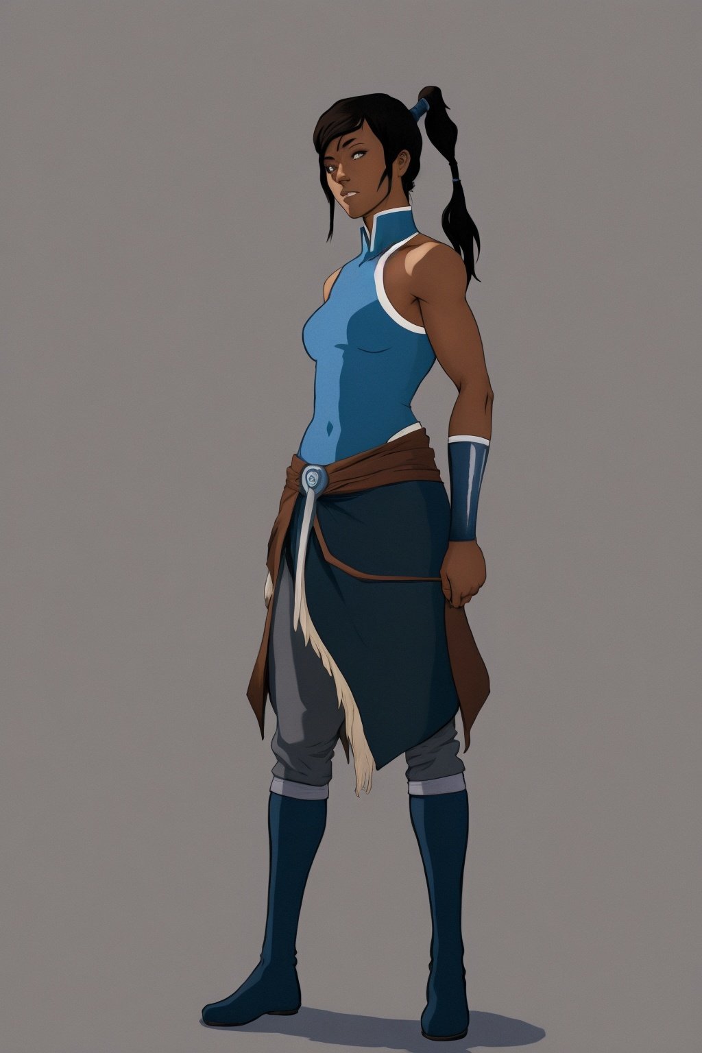 masterpiece, best quality, 1girl,  photo of realistic dark skin girl, korra, ponytail,  looking at viewer, full body, black background, (cyan eyes:0.8)  <lora:KorraV2:1>