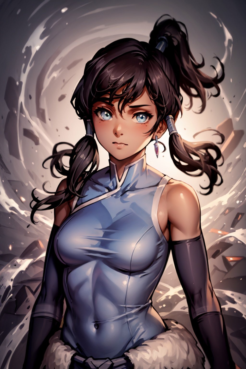 masterpiece, best quality, 1girl,  photo of realistic korra, dark-skinned, azur eyes, ponytail, hair tubes, looking at viewer, upper body, floating hair, black background  <lora:KorraV2:1>  <lora:as109:0.8>