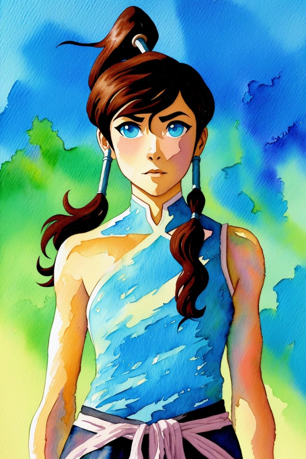 (Girlish Painting:1.3) of (Ultra detailed:1.3),(Cosy:1.3), korra, 1girl, (dark-skinned), (dark skin), ponytail, hair tubes, cyan eyes,  (look at viewer:1.331),BREAKbest quality,highly detailed,ultra-detailed,unreal engin 5,octane render,(2D:1.2), limited palette flat color, digital painting, artstation, concept art, smooth, sharp focus,art by ross tran and greg rutkowski and alphonse Mucha and Bak Karol, (oil painting:1.16),(acrylic paint:1.16),(colorful:1.16), (watercolor:1.4), by (nvinkpunk:1.0),(kuvshinov:1.0),(dreamlikeart:1.0),(samdoesart:1.0),(modelshoot style:1.0),(by Artist Koho Shoda:1.3),(by Artist Mike Mignola:1.3),(by Artist Joop Polder:1.3),(Classicism Art:1.3),(Industrial Art:1.3),(Solarpunk Art:1.3) , (blurry background:1.3), (medieval chinese city)  <lora:KorraV2:1>