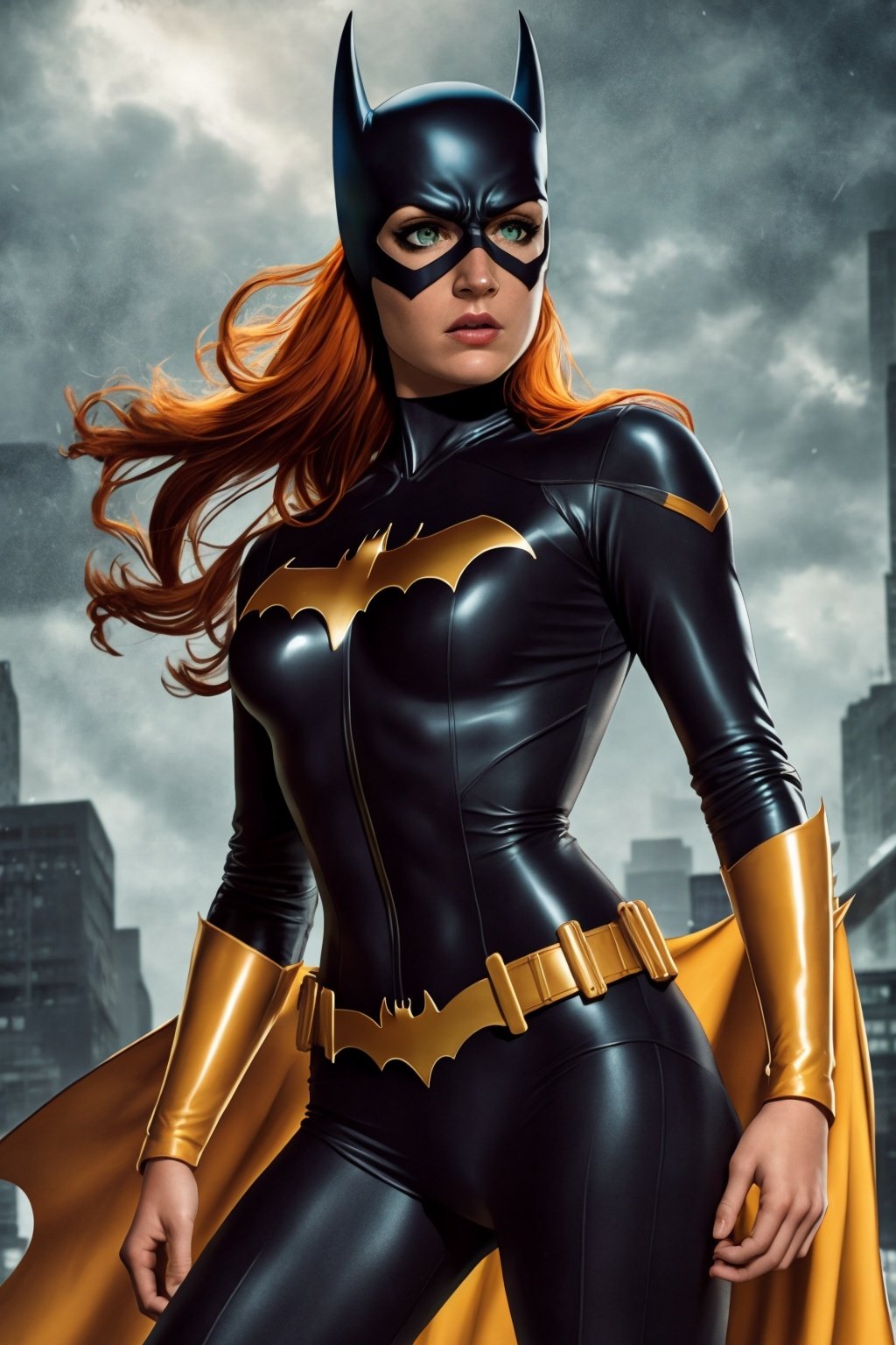 masterpiece, best quality, 1girl, batgirl, cowboy shot, realistic, (bruise), green eyes, mask, (thorn clothes), orange hair, lips, long hair, solo, dark, city background, night  <lora:Batgirl:1>