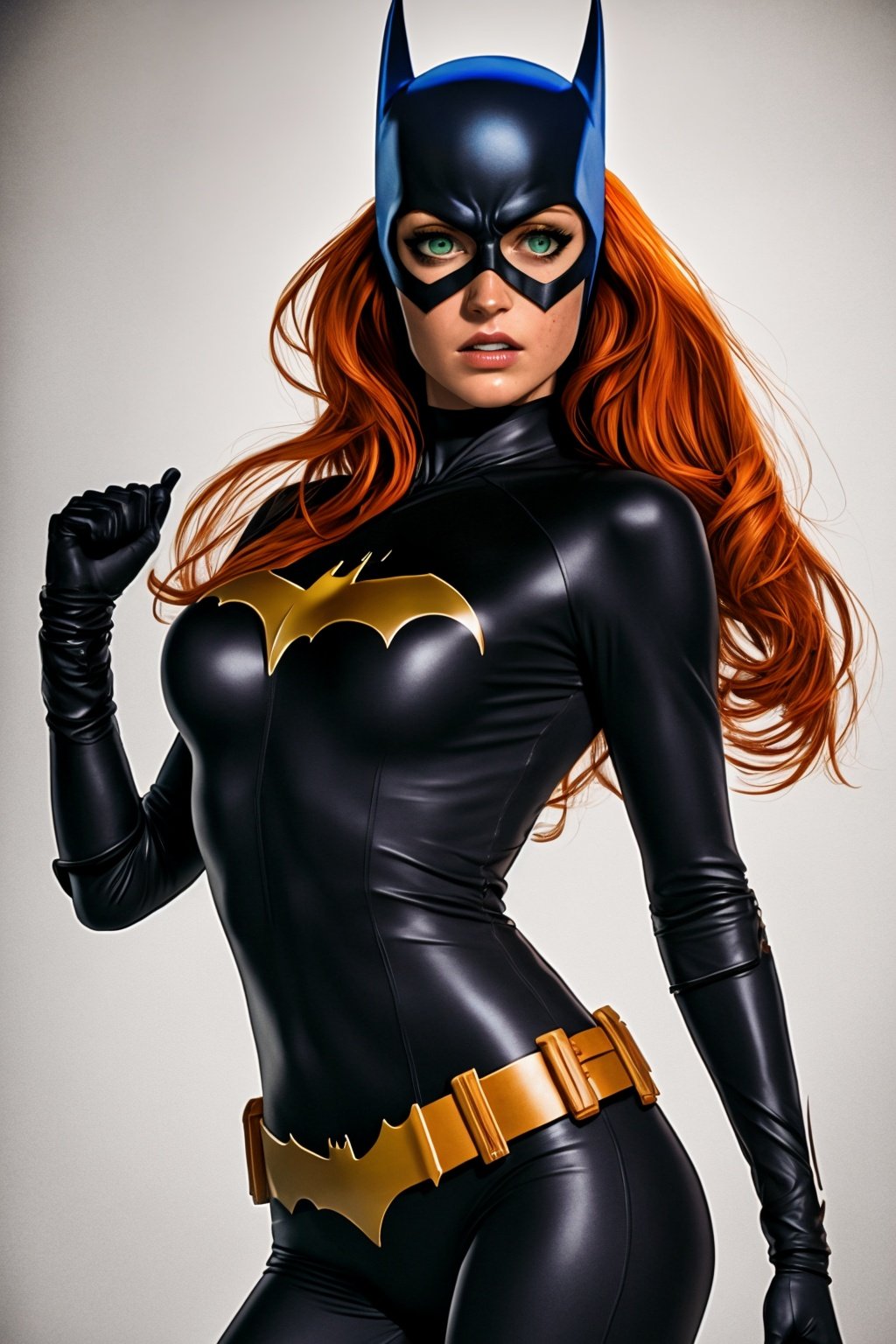 masterpiece, best quality, 1girl, batgirl, cowboy shot, realistic, dirty, bruise, green eyes, mask, thorn bodysuit, orange hair, lips, long hair, solo, dark  <lora:Batgirl:1>