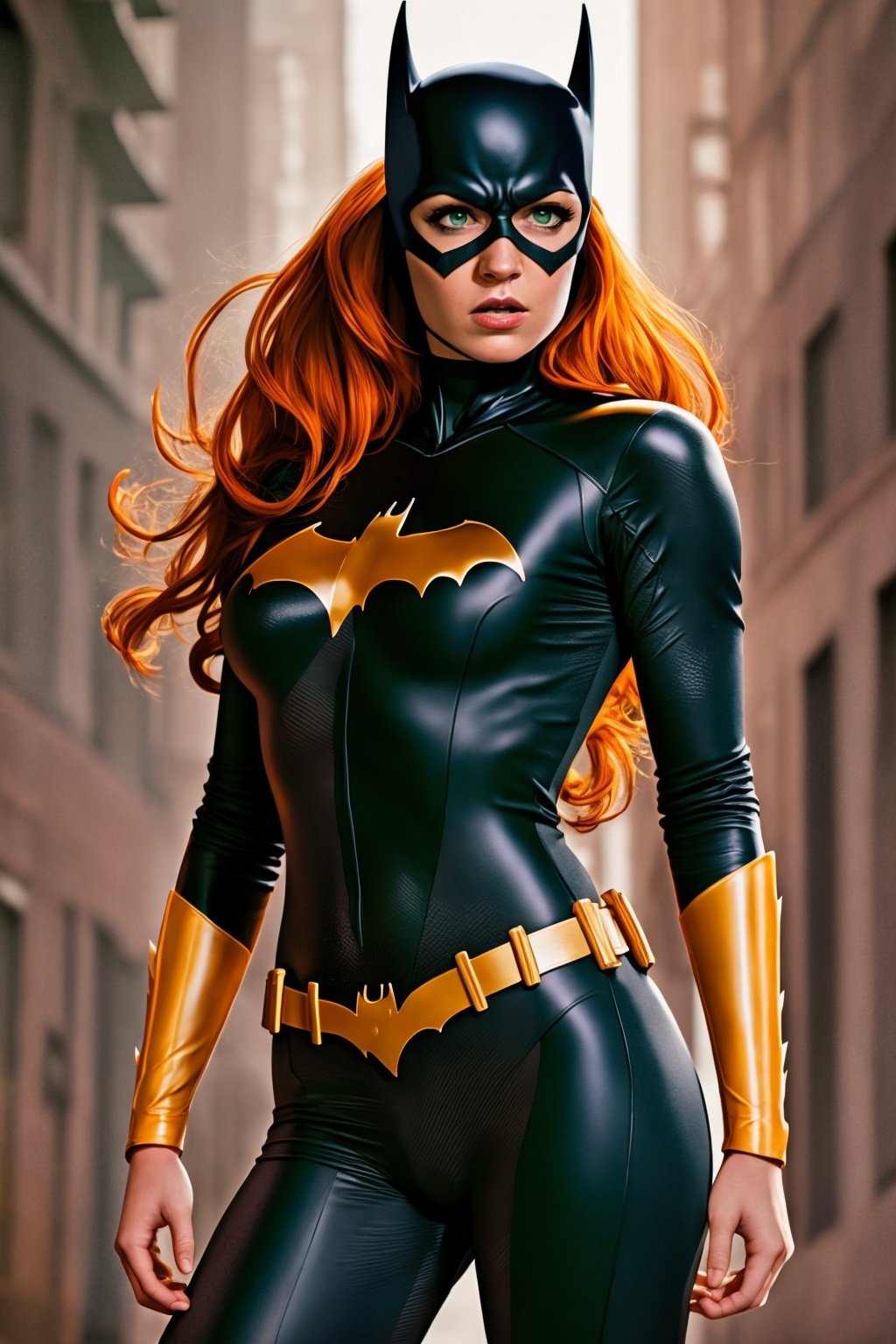 masterpiece, best quality, 1girl, batgirl, cowboy shot, realistic, dirty, bruise, green eyes, mask, thorn bodysuit, orange hair, lips, long hair, solo, dark  <lora:Batgirl:1>