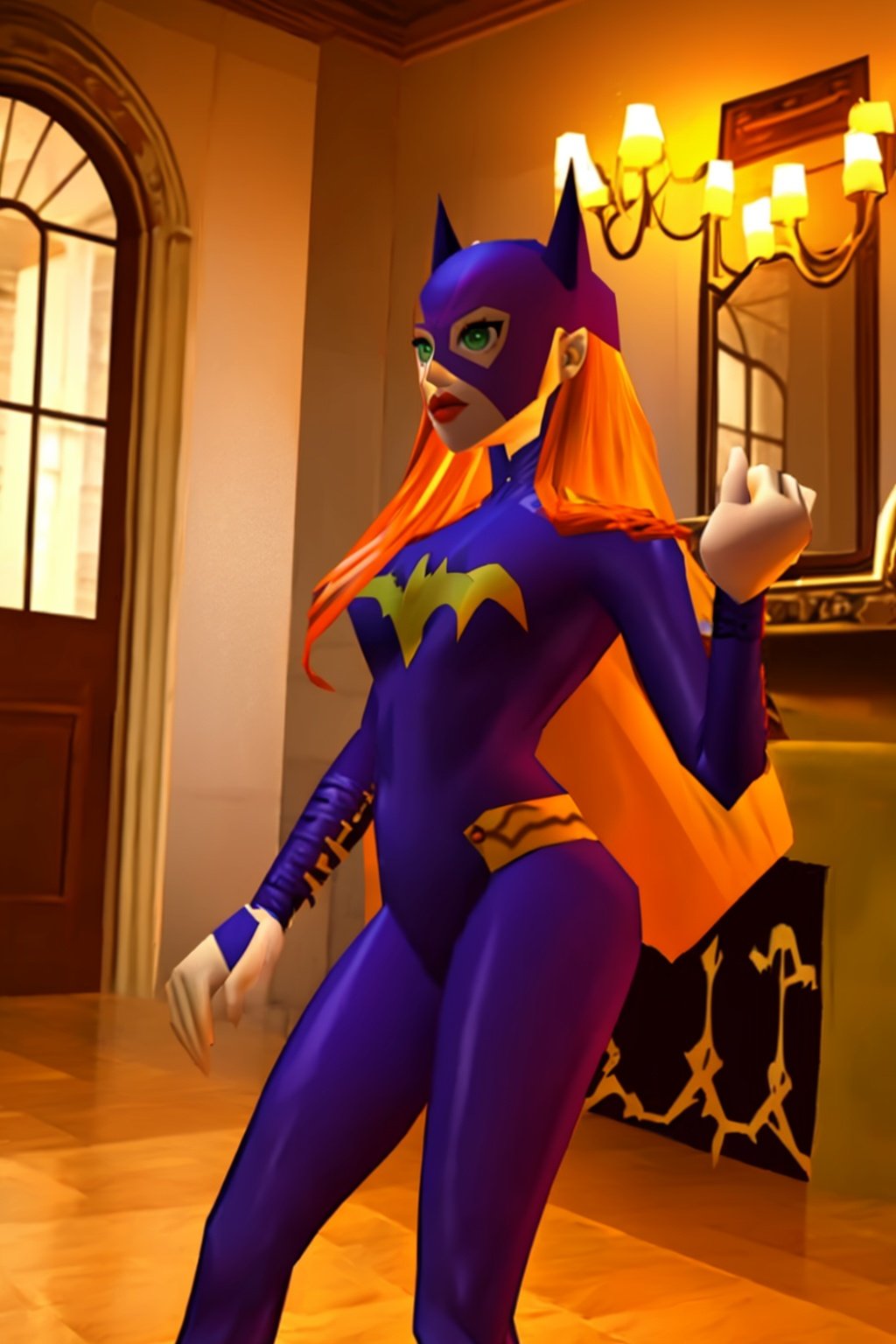 masterpiece, best quality, 1girl,batgirl, catsuit, mask, breasts, green eyes, orange hair, lips, solo, manor, indoors  <lora:Batgirl:1> <lora:n64_oot-64:1>