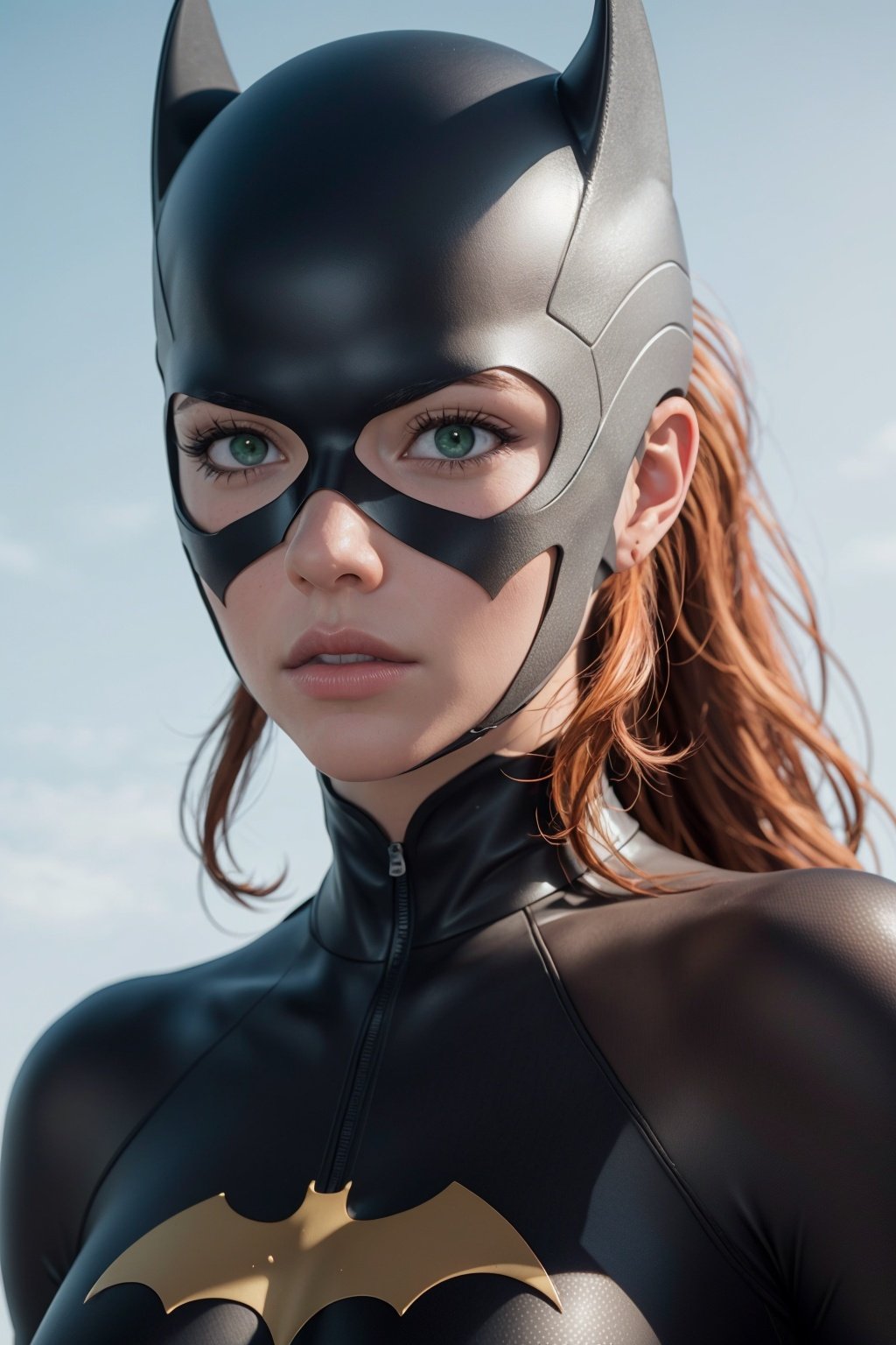 8k, best quality, real picture, intricate details, ultra-detailed, ultra highres, depth field,(photorealistic,realistic:1.2),masterpiece,photo of  batgirl, green eyes, mask, orange hair, lips, long hair, ponytail, bodysuit, solo, sun, blue sky,best quality, realistic, photorealistic, (intricate details:1.2), (delicate detailed), (cinematic light), clear line, sharp focus, realistic face, detailed faceunity 8k wallpaper, ultra high res, (photorealistic:1.4), looking at viewer <lora:Batgirl:1>