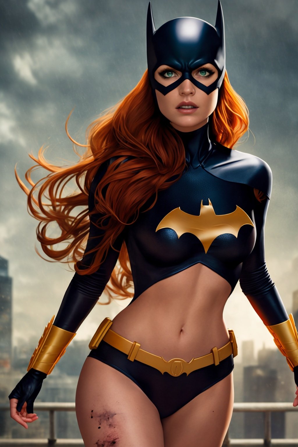 masterpiece, best quality, 1girl, batgirl, cowboy shot, realistic, (bruise), green eyes, mask,  revealing clothes, sexy, orange hair, lips, long hair, floating hair, solo, dark, city background, night  <lora:Batgirl:1>