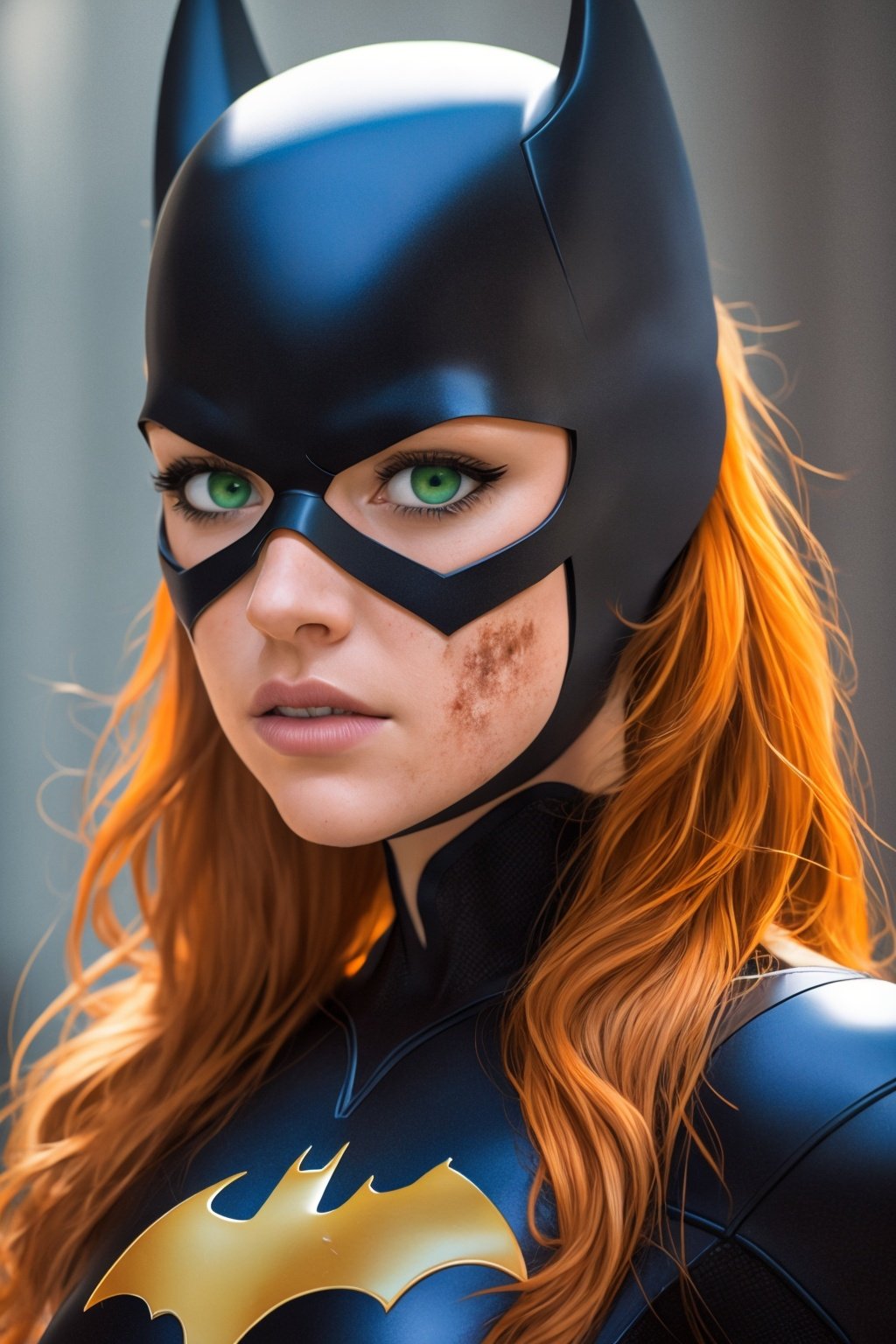 masterpiece, best quality, 1girl, batgirl, close up, realistic, dirty, bruise, green eyes, mask, bodysuit, orange hair, lips, long hair, solo, dark  <lora:Batgirl:1>