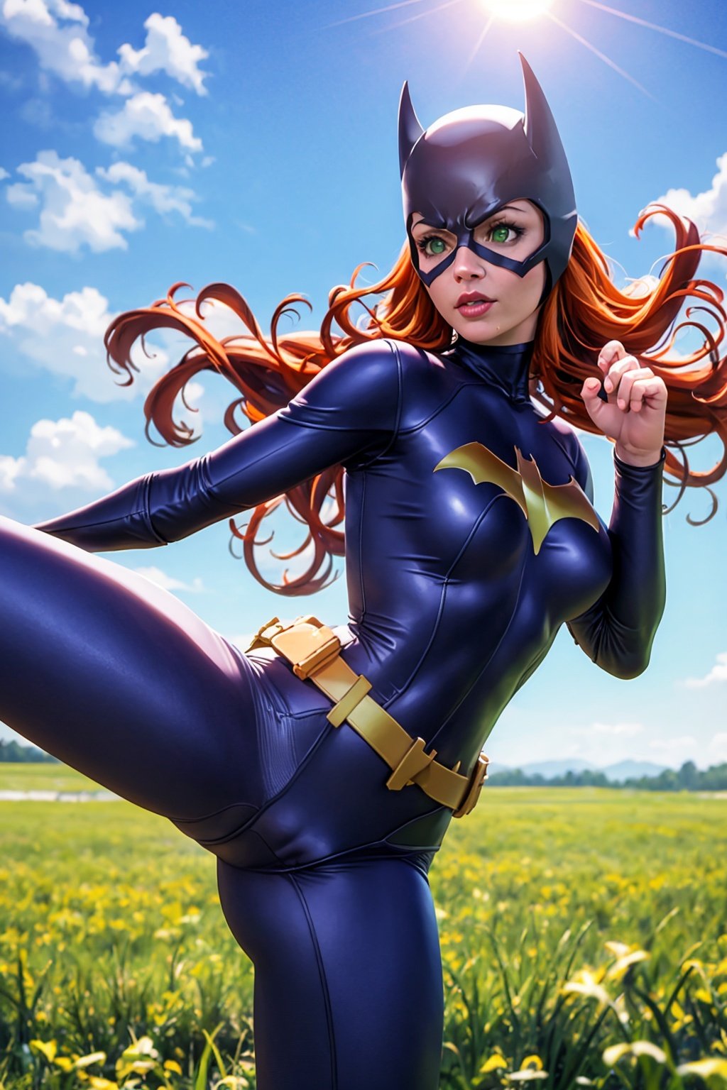 masterpiece, best quality, 1girl,batgirl, kicking, realistic, catsuit, mask, breasts, green eyes, orange hair, lips, solo, underwear, panties, meadow, day, sun, blue sky  <lora:Batgirl:1>