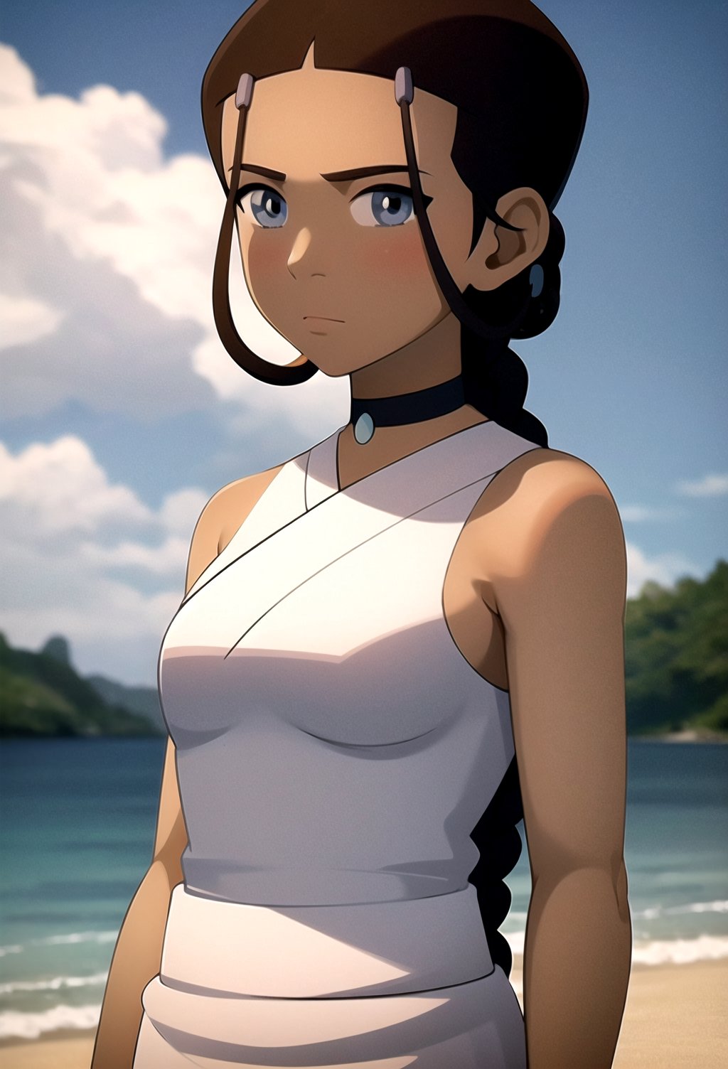 masterpiece, best quality, 1girl, katara, toned, dark skin, braid, jewelry, looking at viewer, upper body, beach background, sunshine, sky, cloud, (blue eyes:0.6) <lora:KataraV2:1>