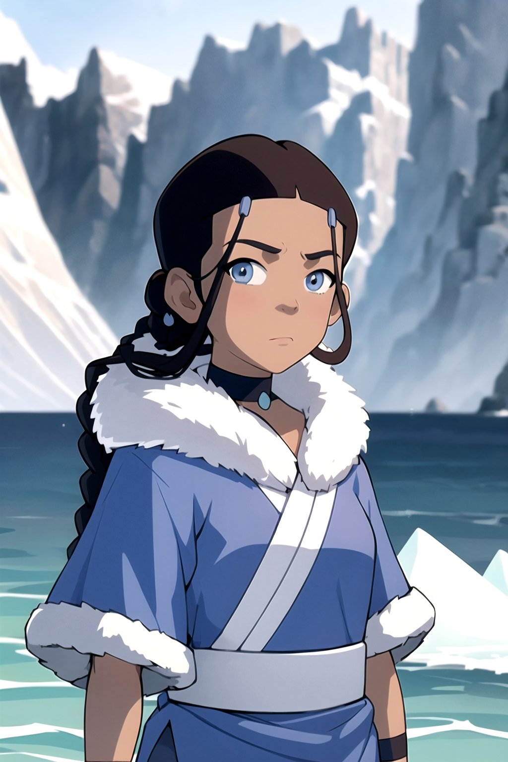 masterpiece, best quality, 1girl, katara, toned, dark skin, braid, fur coat, jewelry, looking at viewer, upper body, iceberg background, sea, arctic, (blue eyes:0.6) <lora:KataraV2:1> 