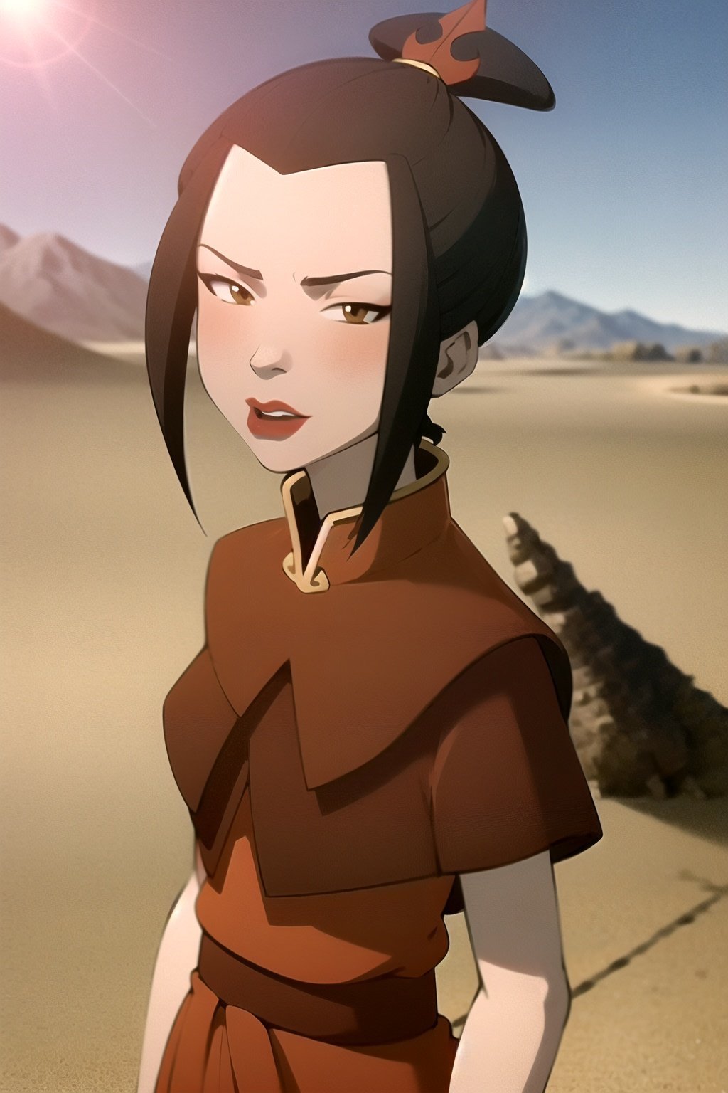 masterpiece, best quality, 1girl, azula, lipstick, makeup, looking at viewer, upper body, sun, blue sky, desert background <lora:Azula:1>