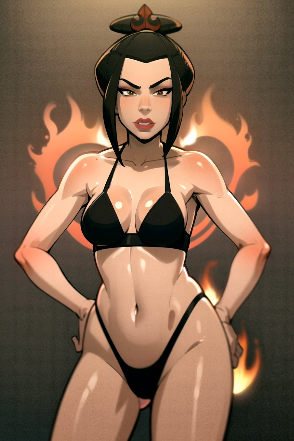 masterpiece, best quality, 1girl, azula, makeup, cleavage, (black bikini), lipstick, looking at viewer, fire, simple background <lora:ReiqArtV2:0.8> <lora:Azula:1>