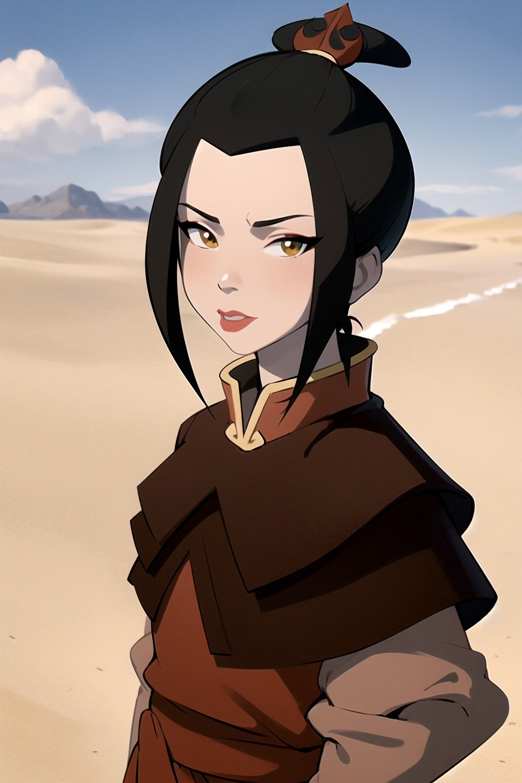 masterpiece, best quality, 1girl, azula, lipstick, makeup, looking at viewer, upper body, sun, blue sky, desert background <lora:Azula:1>