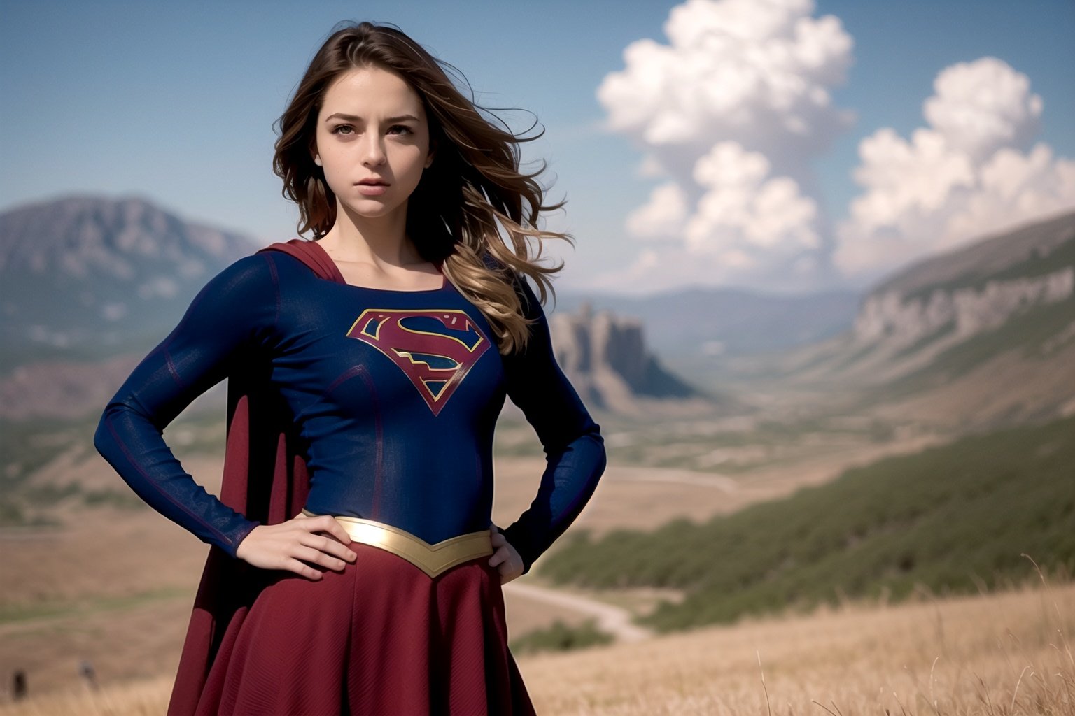 8k, best quality, real picture, intricate details, ultra-detailed, ultra highres, depth field,(photorealistic,realistic:1.2),masterpiece,photo of  european girl, supergirl, blue eyes, blonde hair, long hair, cape, skirt, pantyhose, superhero, hand on hips, solo, sun, blue sky,best quality, realistic, photorealistic, (intricate details:1.2), (delicate detailed), (cinematic light), clear line, sharp focus, realistic face, detailed face,unity 8k wallpaper, ultra high res, (photorealistic:1.4), looking at viewer <lora:Supergirl:1>