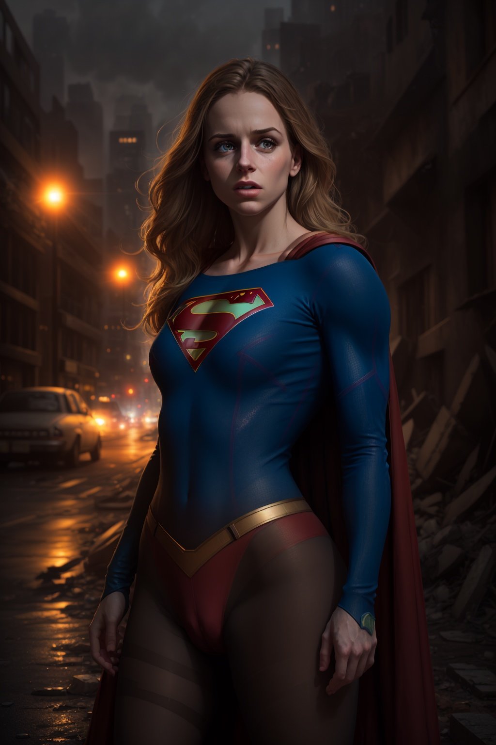 8k, best quality, real picture, intricate details, ultra-detailed, ultra highres, depth field,(photorealistic,realistic:1.2), masterpiece,photo of 1girl, supergirl, superhero, arms on hips, realistic, red cape, bodysuit, revealing clothes, red boots, pantyhose, blue eyes, blonde hair, lips, long hair, solo, ruined city background by lee jeffries, nikon d850, film stock, photograph 4 kodak portra 400 camera f1.6 lens, rich colors, hyper realistic, lifelike texture, dramatic lighting, unreal engine, trending on artstation, cinestill 800 <lora:Supergirl:1>