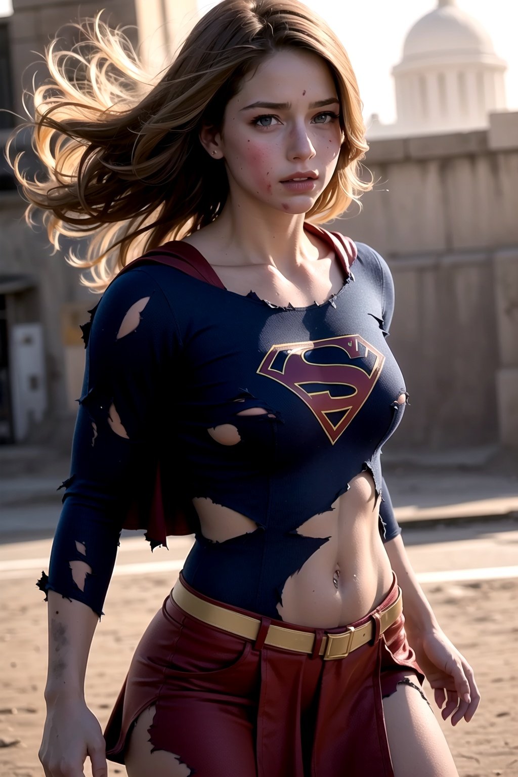 8k, best quality, real picture, intricate details, ultra-detailed, ultra highres, depth field,(photorealistic,realistic:1.2),masterpiece,photo of  european girl, supergirl, (bruise, dirty, torn clothes, revealing clothes, blood:1.3), blue eyes, blonde hair, long hair, ripped cape, ripped pantyhose, superhero, solo, sun, blue sky,best quality, realistic, photorealistic, (intricate details:1.2), (delicate detailed), (cinematic light), clear line, sharp focus, realistic face, detailed face,unity 8k wallpaper, ultra high res, (photorealistic:1.4), looking at viewer  <lora:Supergirl:1>