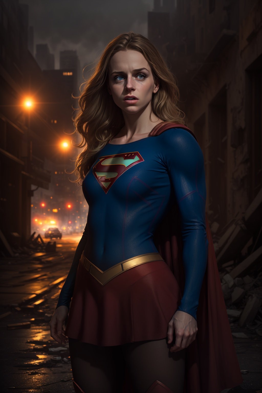 8k, best quality, real picture, intricate details, ultra-detailed, ultra highres, depth field,(photorealistic,realistic:1.2), masterpiece,photo of 1girl, supergirl, superhero, arms on hips, realistic, red cape, bodysuit, red skirt, red boots, pantyhose, blue eyes, blonde hair, lips, long hair, solo, ruined city background by lee jeffries, nikon d850, film stock, photograph 4 kodak portra 400 camera f1.6 lens, rich colors, hyper realistic, lifelike texture, dramatic lighting, unreal engine, trending on artstation, cinestill 800 <lora:Supergirl:1>