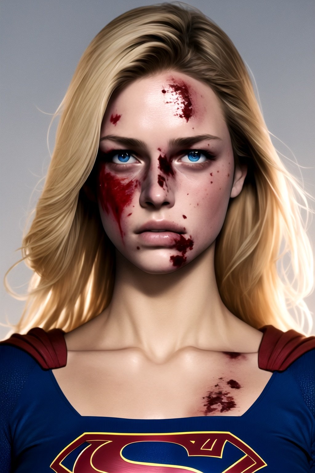 masterpiece, best quality, 1girl, supergirl, close up, realistic, (dirty, bruise,blood:1.3), blue eyes, bodysuit, blonde hair, lips, long hair, solo, sad <lora:Supergirl:1>