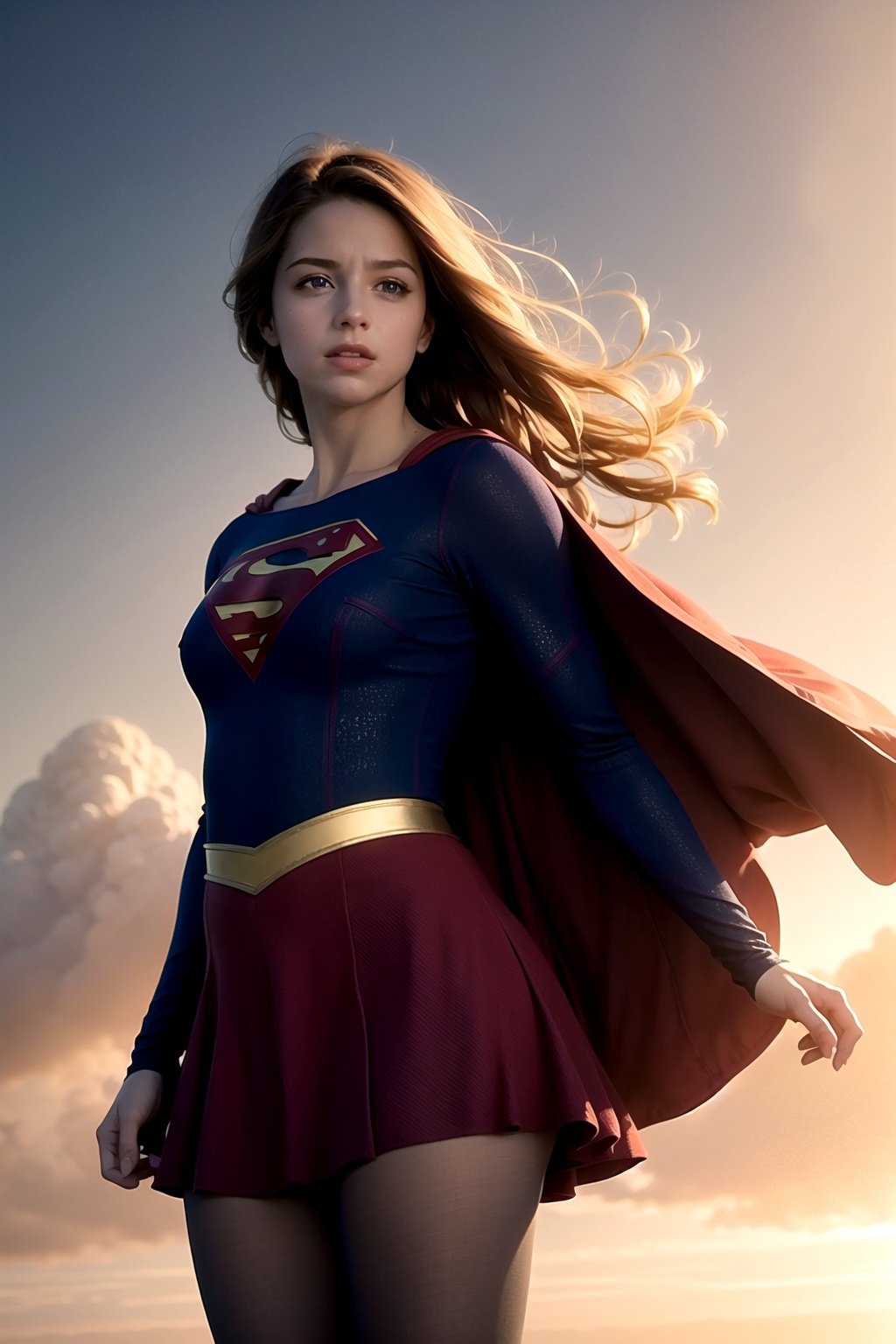 8k, best quality, real picture, intricate details, ultra-detailed, ultra highres, depth field,(photorealistic,realistic:1.2),masterpiece,photo of  european girl, supergirl, blue eyes, blonde hair, long hair, cape, skirt, pantyhose, superhero, solo, sun, blue sky,best quality, realistic, photorealistic, (intricate details:1.2), (delicate detailed), (cinematic light), clear line, sharp focus, realistic face, detailed face,unity 8k wallpaper, ultra high res, (photorealistic:1.4), looking at viewer <lora:Supergirl:1>
