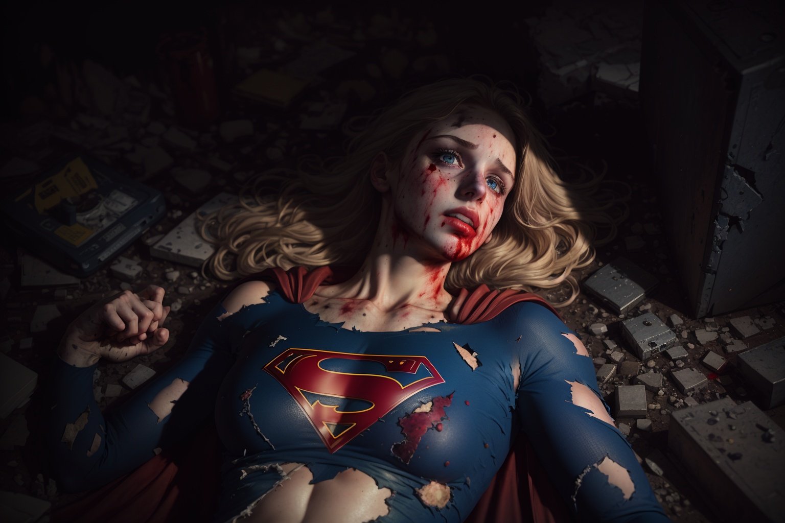 8k, best quality, real picture, intricate details, ultra-detailed, ultra highres, depth field,(photorealistic,realistic:1.2), masterpiece,photo of 1girl, supergirl, wounded, superhero, lying, on back, realistic, red cape, ripped bodysuit,  (dirty, bruise,blood:1.3), blue eyes, blonde hair, lips, long hair, solo, (revealing ripped clothes, torn clothes:1.3), ruined city background, moody and melancholic atmosphere with black background by lee jeffries, nikon d850, film stock, photograph 4 kodak portra 400 camera f1.6 lens, rich colors, hyper realistic, lifelike texture, dramatic lighting, unreal engine, trending on artstation, cinestill 800 <lora:Supergirl:1>
