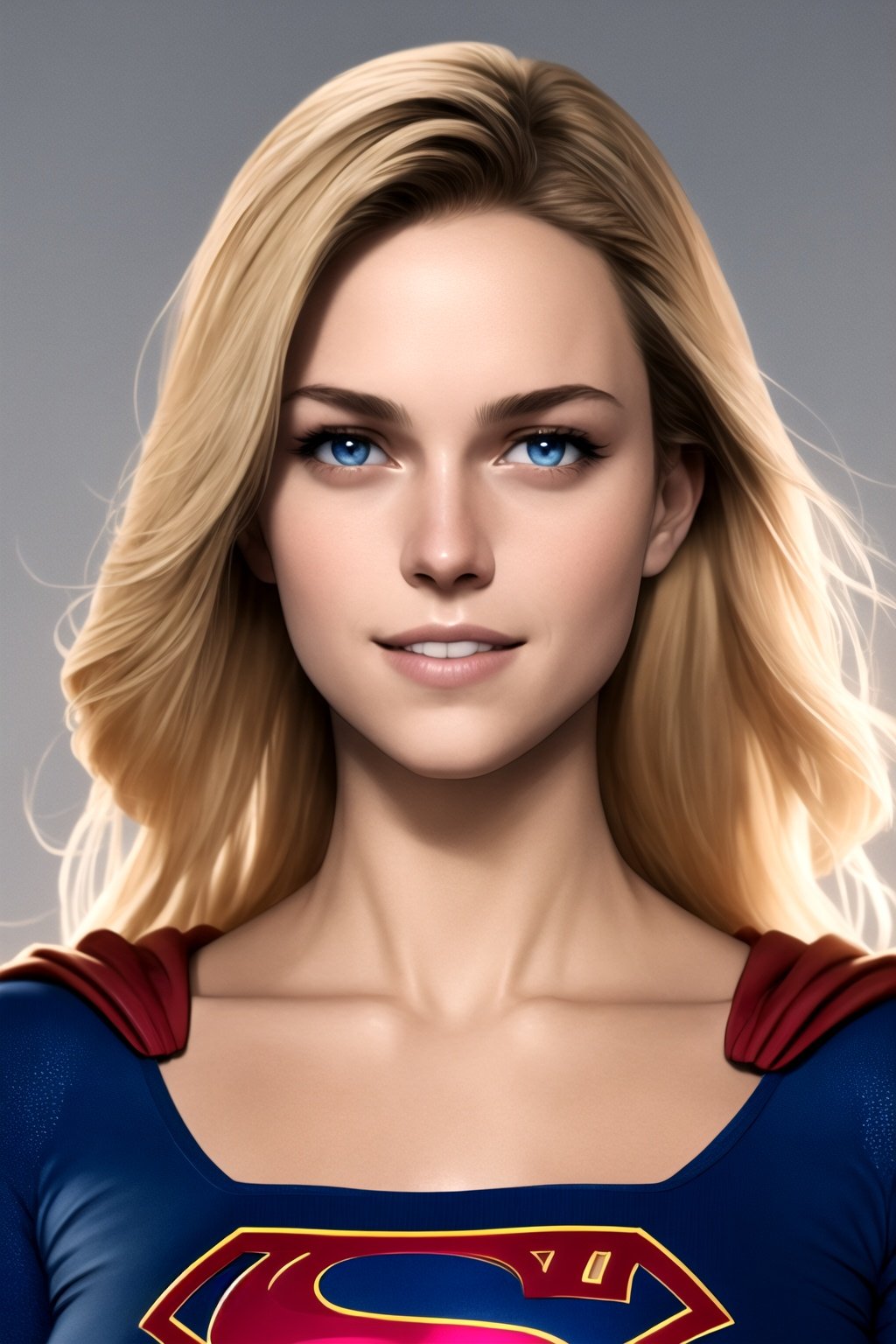 masterpiece, best quality, 1girl, supergirl, close up, realistic, dirty, bruise, blue eyes, bodysuit, blonde hair, lips, long hair, solo, smile  <lora:Supergirl:1>