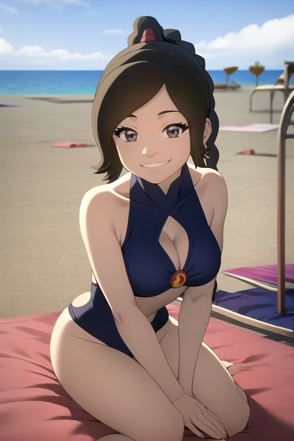 masterpiece, best quality, 1girl, tylee,  black swinsuit, cleavage, breats, smile, braid, looking at viewer, sexy pose, blue sky, beach background  <lora:Tylee:1>