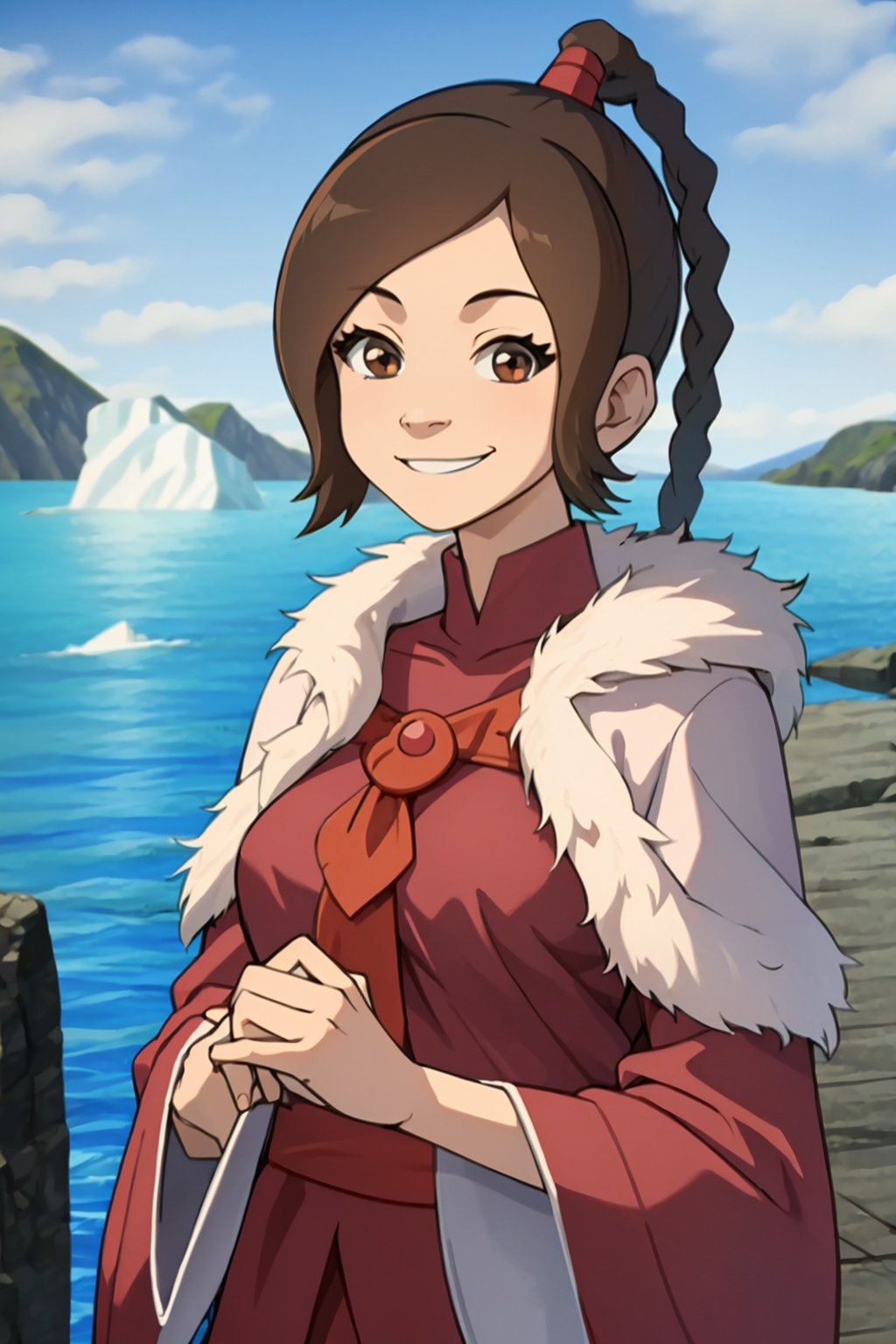 masterpiece, best quality, 1girl, tylee, brown hair, smile, braid, fur coat, looking at viewer, upper body, iceberg background, sea, arctic   <lora:Tylee:1>