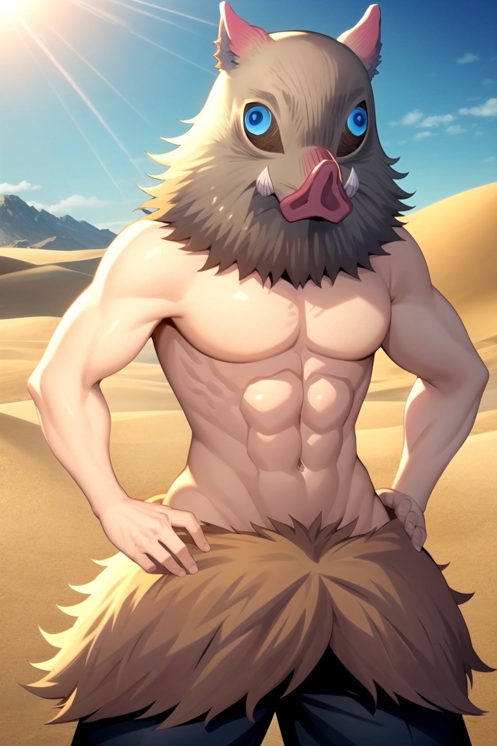 masterpiece, best quality,  1boy, inosukemask, mask, animal, cowboy shot, abs, hands on hips, black pants, thick lineart, sand, dune, sun, blue sky, desert background <lora:Inosuke:1>