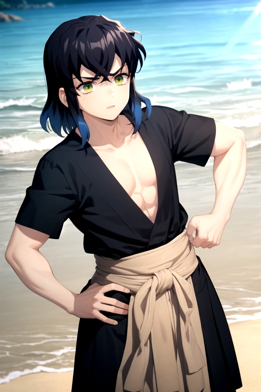 masterpiece, best quality, inosuke, 1boy, bangs, black hair, blue hair, green eyes, abs, hands on hips, topless male, hakama, male focus, sand, sea, beach background <lora:Inosuke:1>