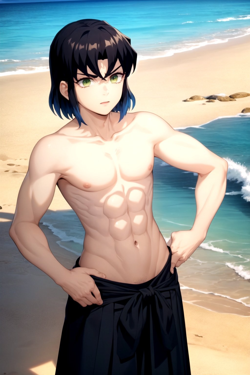 masterpiece, best quality, inosuke, 1boy, bangs, black hair, blue hair, green eyes, abs, hands on hips, topless male, hakama, male focus, sand, sea, beach background <lora:Inosuke:1>