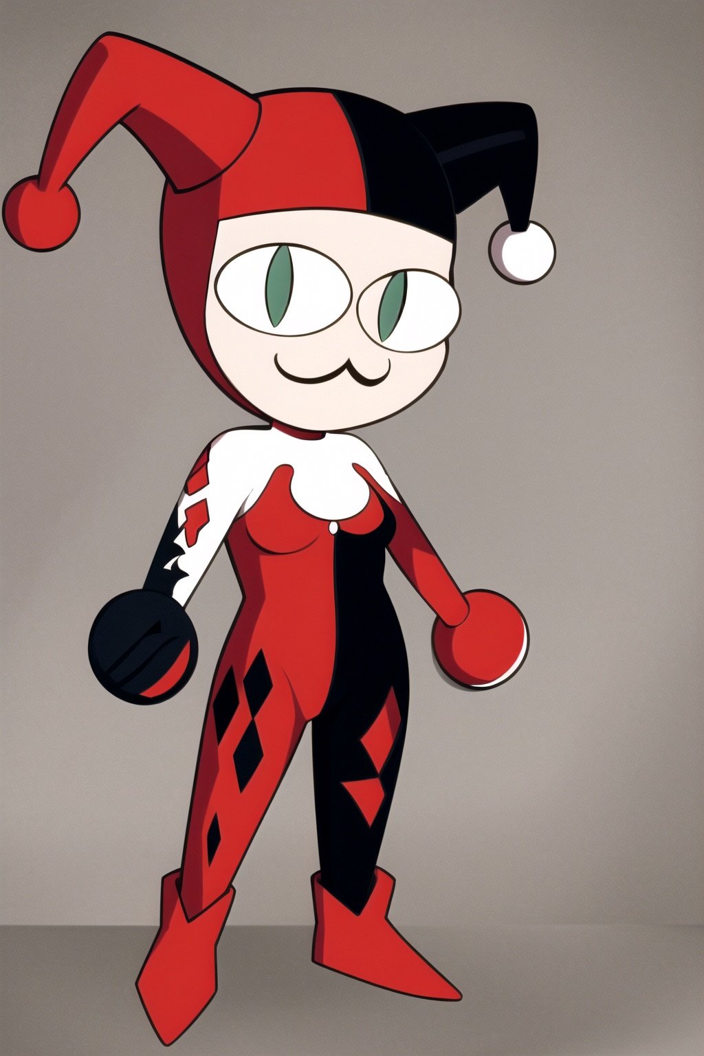 masterpiece, best quality, 1girl, bodysuit, domino mask, full body, gloves, hat, hq1992, :3, cat ears, chibi, cat girl, cat tail, solo, slit pupils, jester cap, mask, red bodysuit, simple background, smile, solo, standing, white background <lora:necoArcCharacters_necoArcv3final:1> <lora:HQ1992:1>