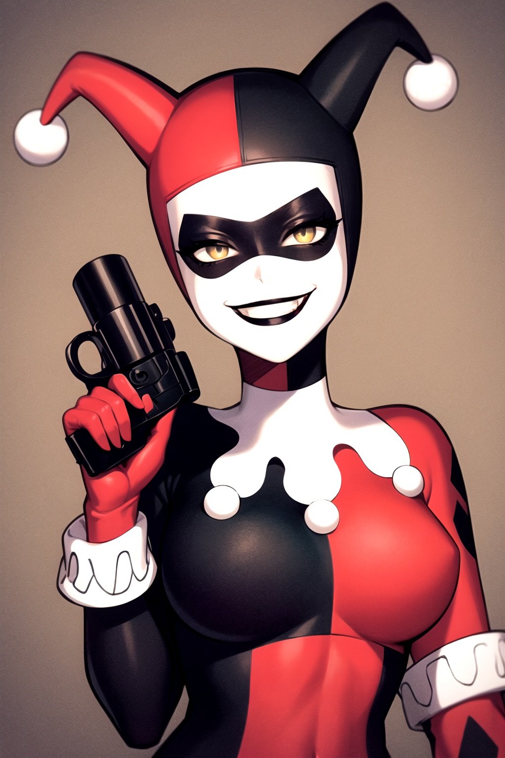 masterpiece, best quality, 1girl, hq1992, black bodysuit, bodysuit, breasts, domino mask, evil smile, facepaint, gloves, grin, handgun,  jester cap, looking at viewer, red bodysuit, red gloves, smile, solo, upper body,  black background <lora:HQ1992:1>