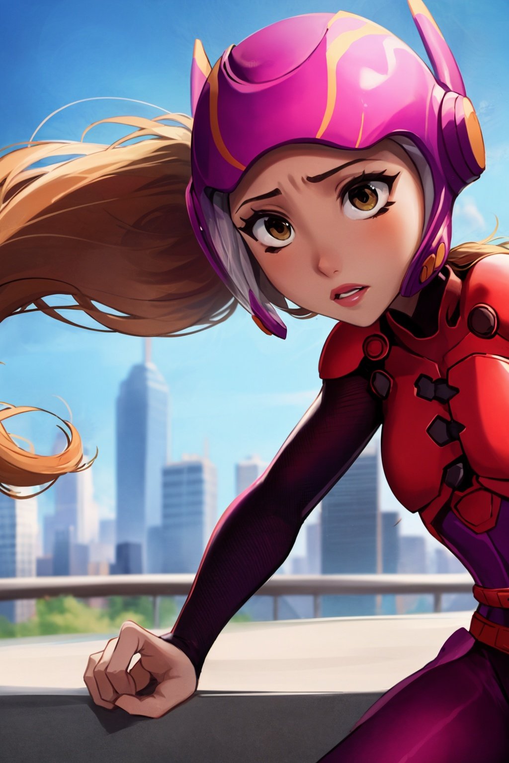 masterpiece, best quality,1girl, hlhero, solo, closeup, brown eyes, brown hair, helmet, long hair, pink bodysuit, superhero, blue sky, city background <lora:HoneyLemonV2:1>