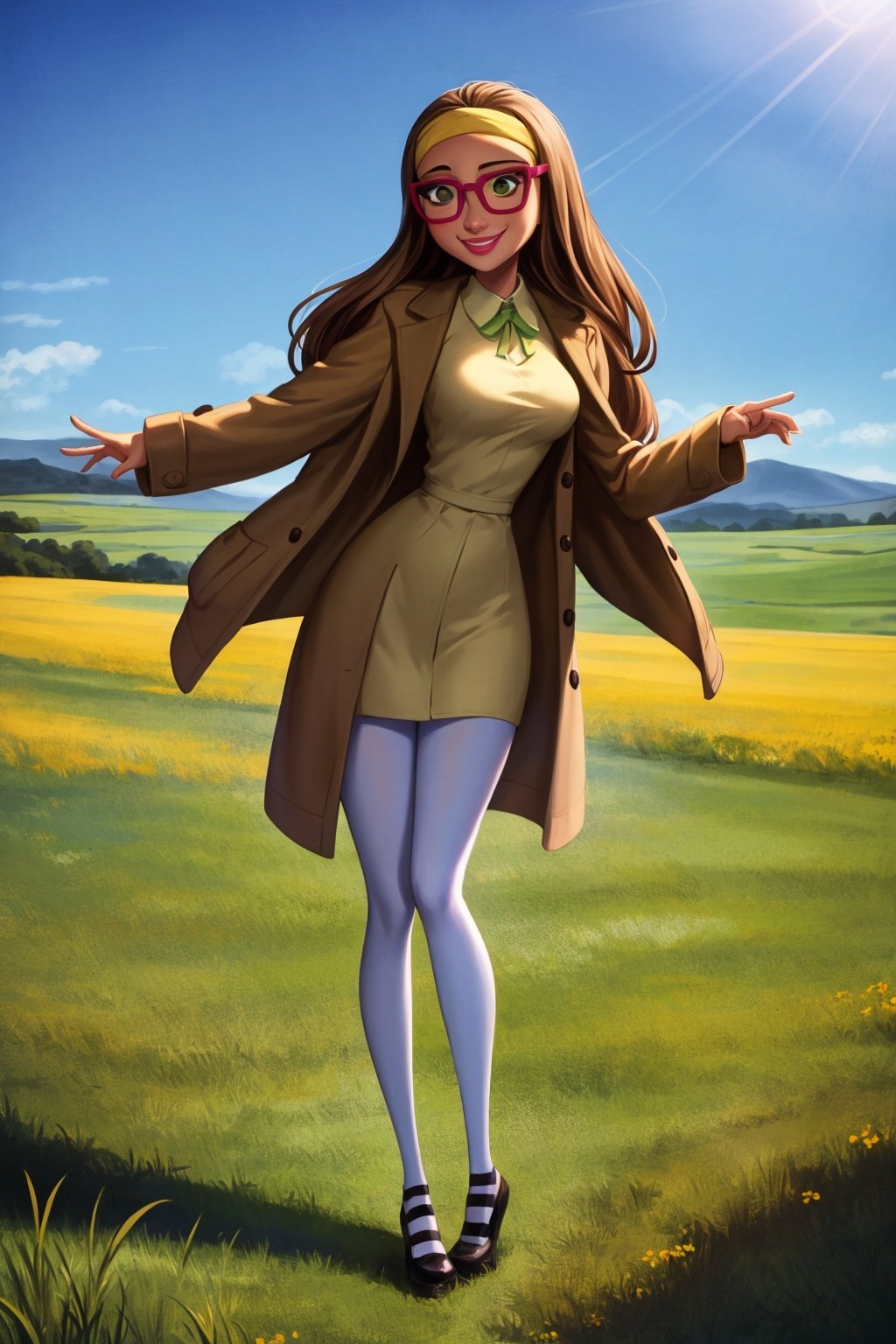 masterpiece, best quality,1girl, hlcivil, solo, headband, long hair, brown hair, coat, full body, glasses, green eyes, lips,  smile, white pantyhose, medium breasts, traditional media, long shot, meadow background, blue sky, sunshine <lora:HoneyLemonV2:1>